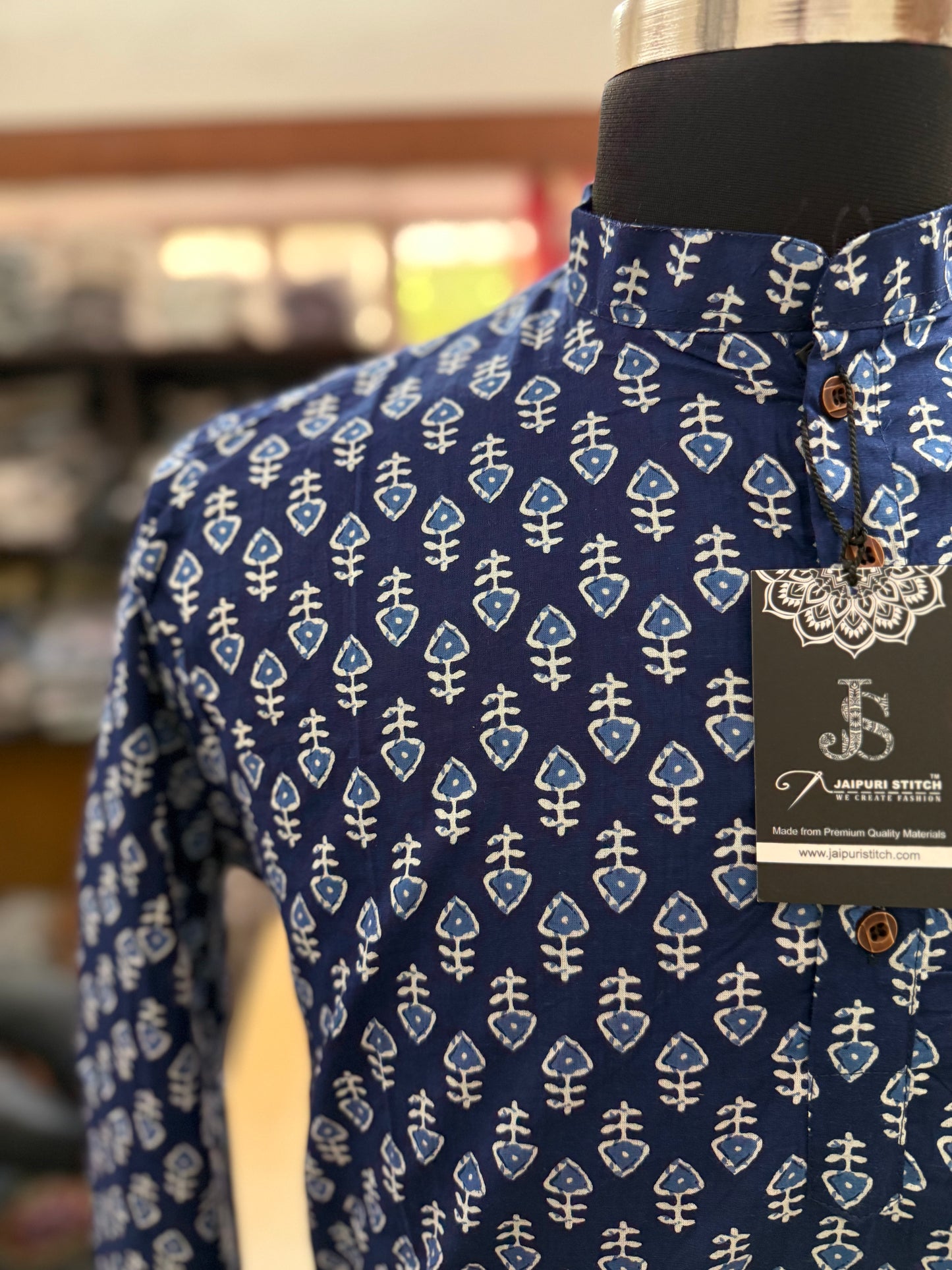 Navy Booti Printed Full Sleeves Short Kurta for Men