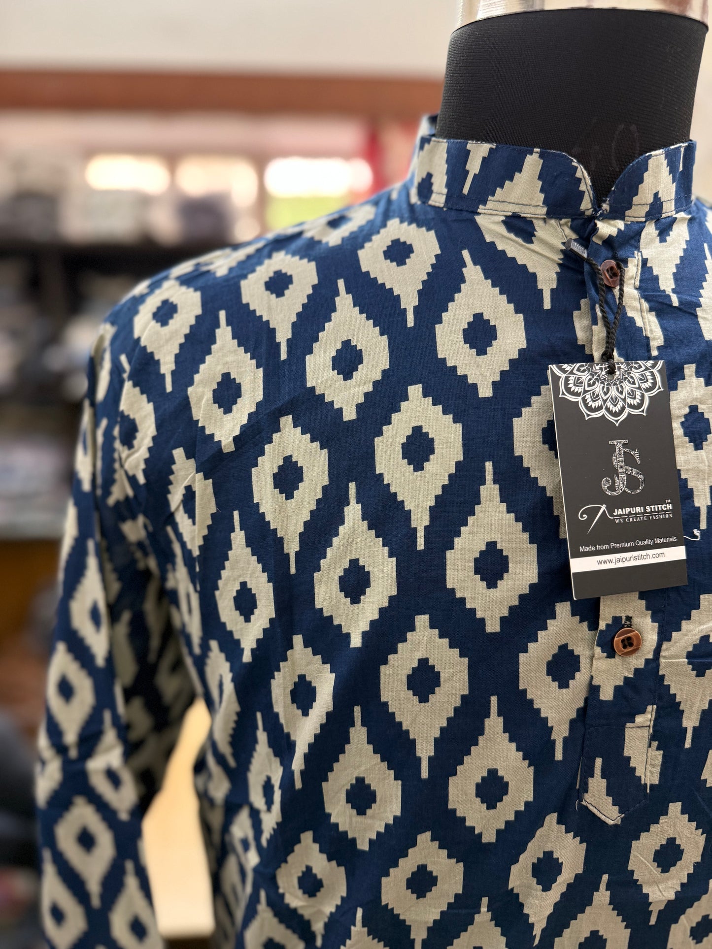 Navy Ikat Printed Full Sleeves Short Kurta for Men