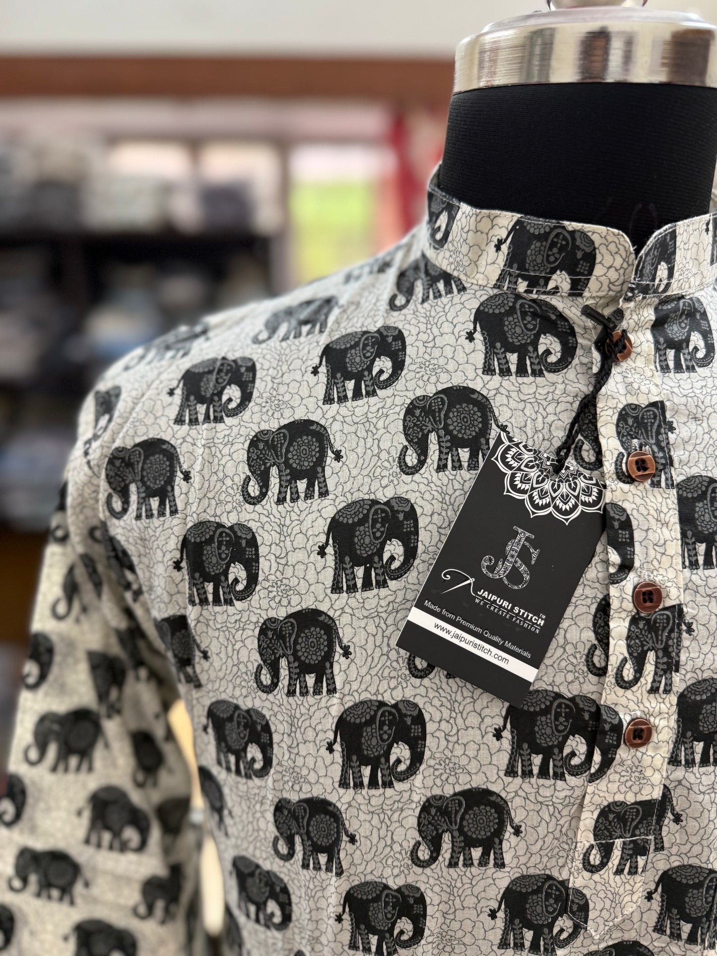 Black Elephant Printed Full Sleeves Short Kurta for Men