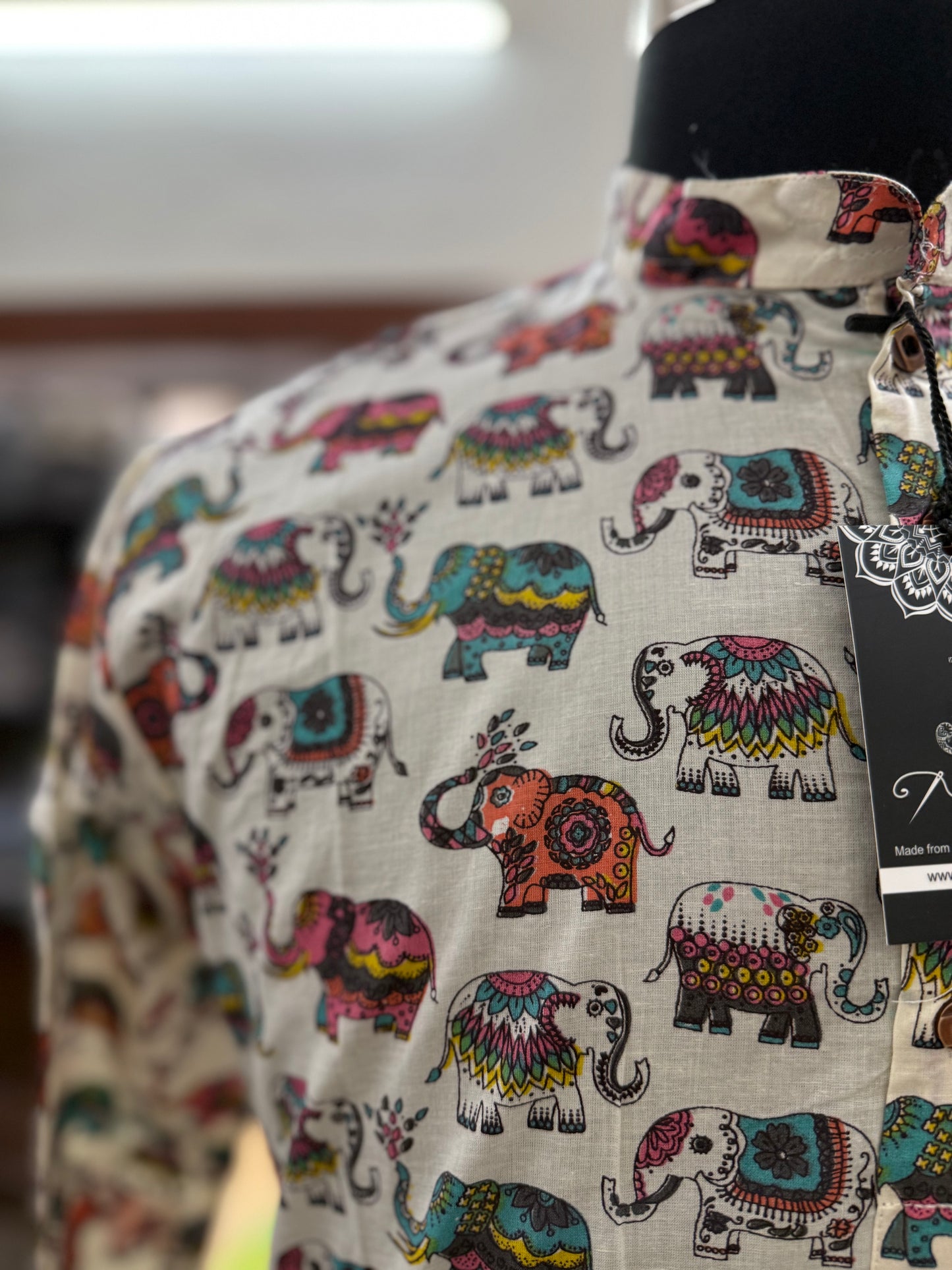 Multicolor Elephant Printed Full Sleeves Short Kurta for Men