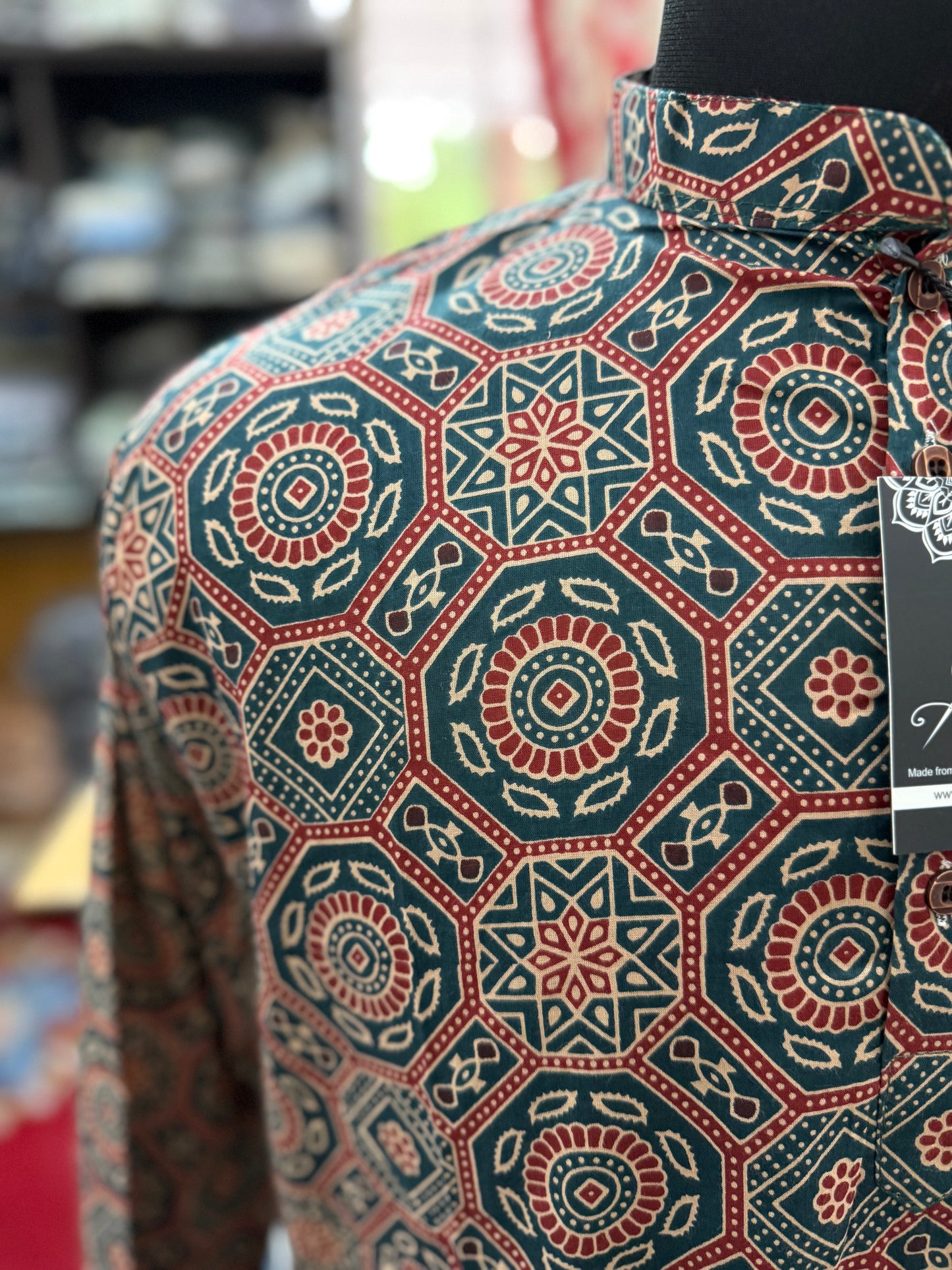 Ajrak Star Motif Printed Full Sleeves Short Kurta for Men