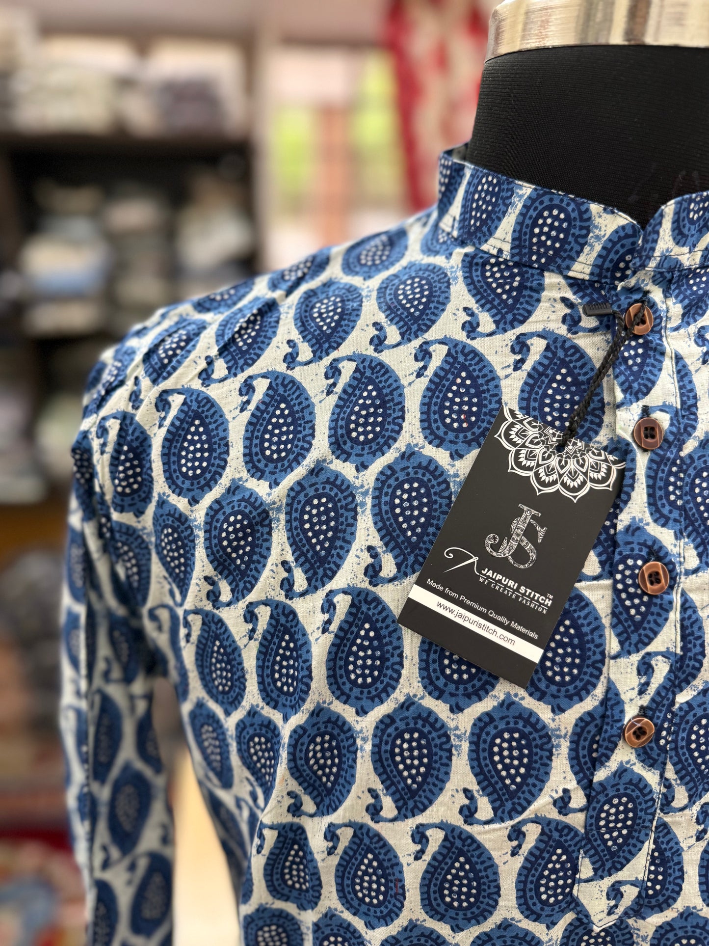 Indigo Boota Printed Full Sleeves Short Kurta for Men