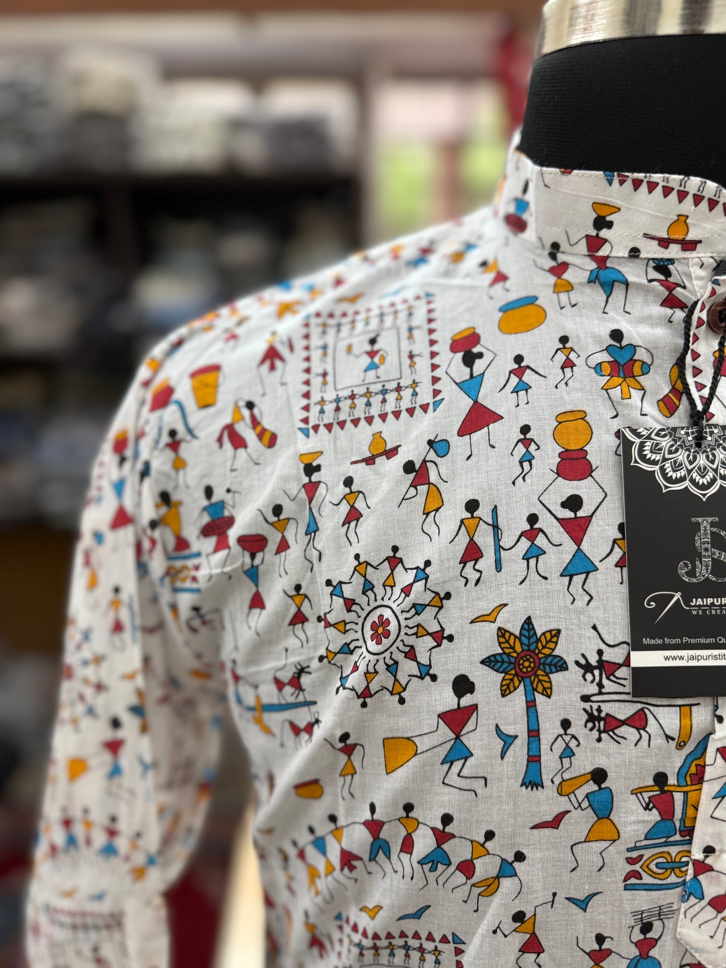 Tribal Warli Printed Full Sleeves Short Kurta for Men