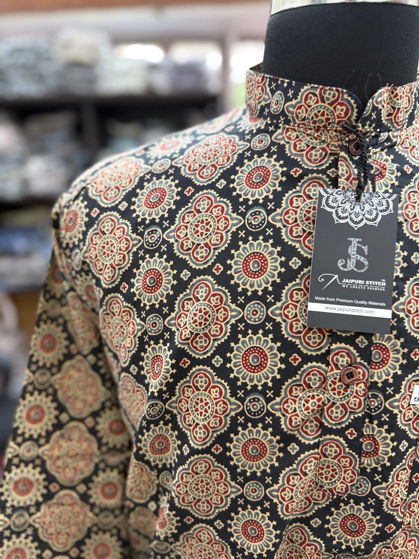 Black Ajrak Motif Printed Full Sleeves Short Kurta for Men