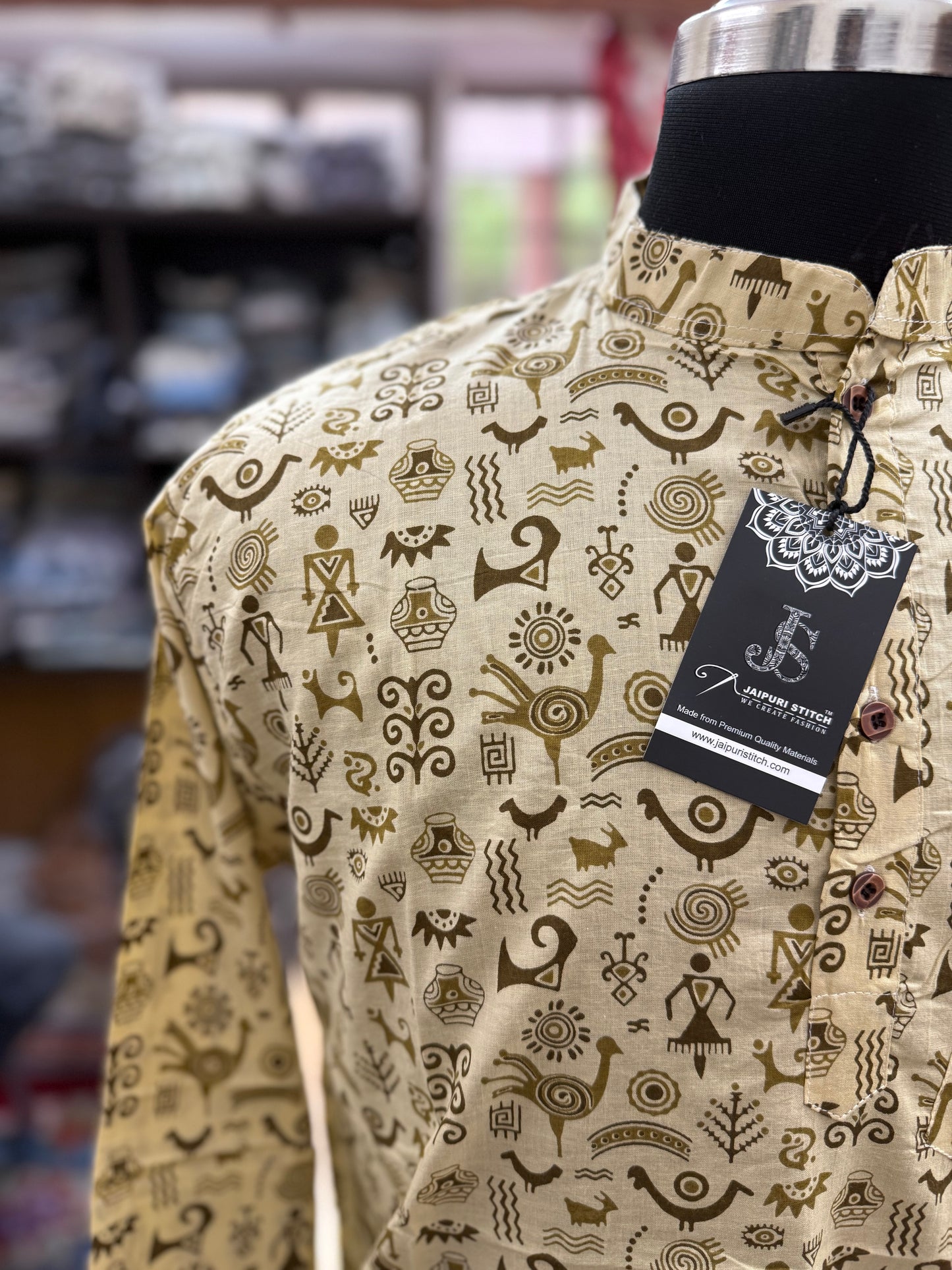 Beige Ethnic Warli Printed Short Kurta for Men