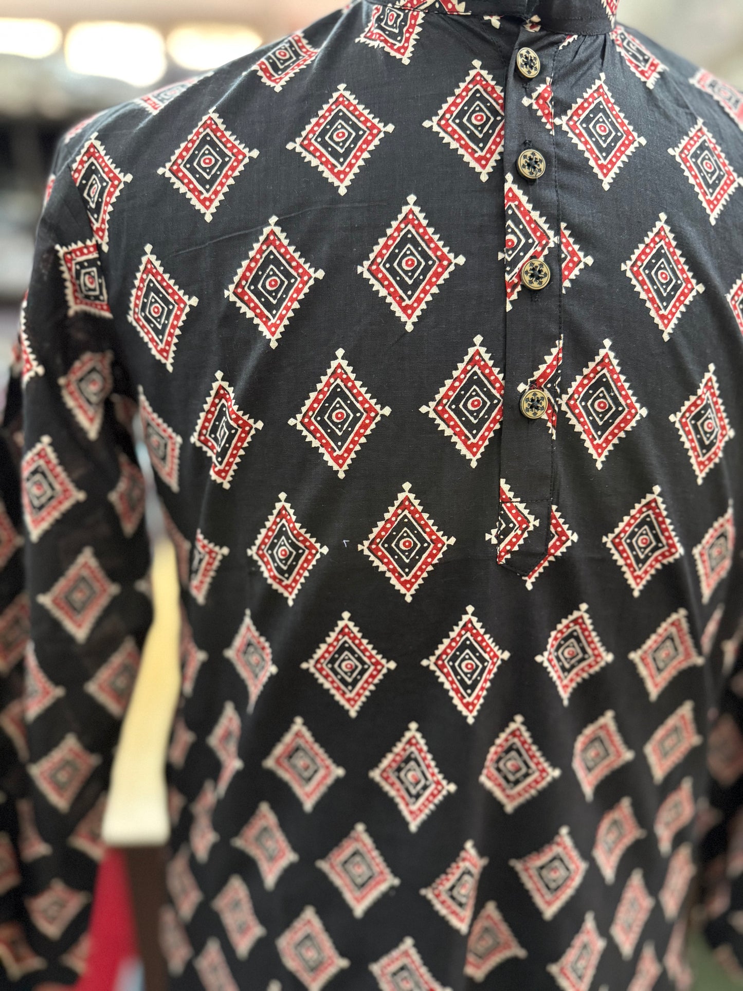 Black Diamond Motif Printed Full Sleeves Long Kurta for Men