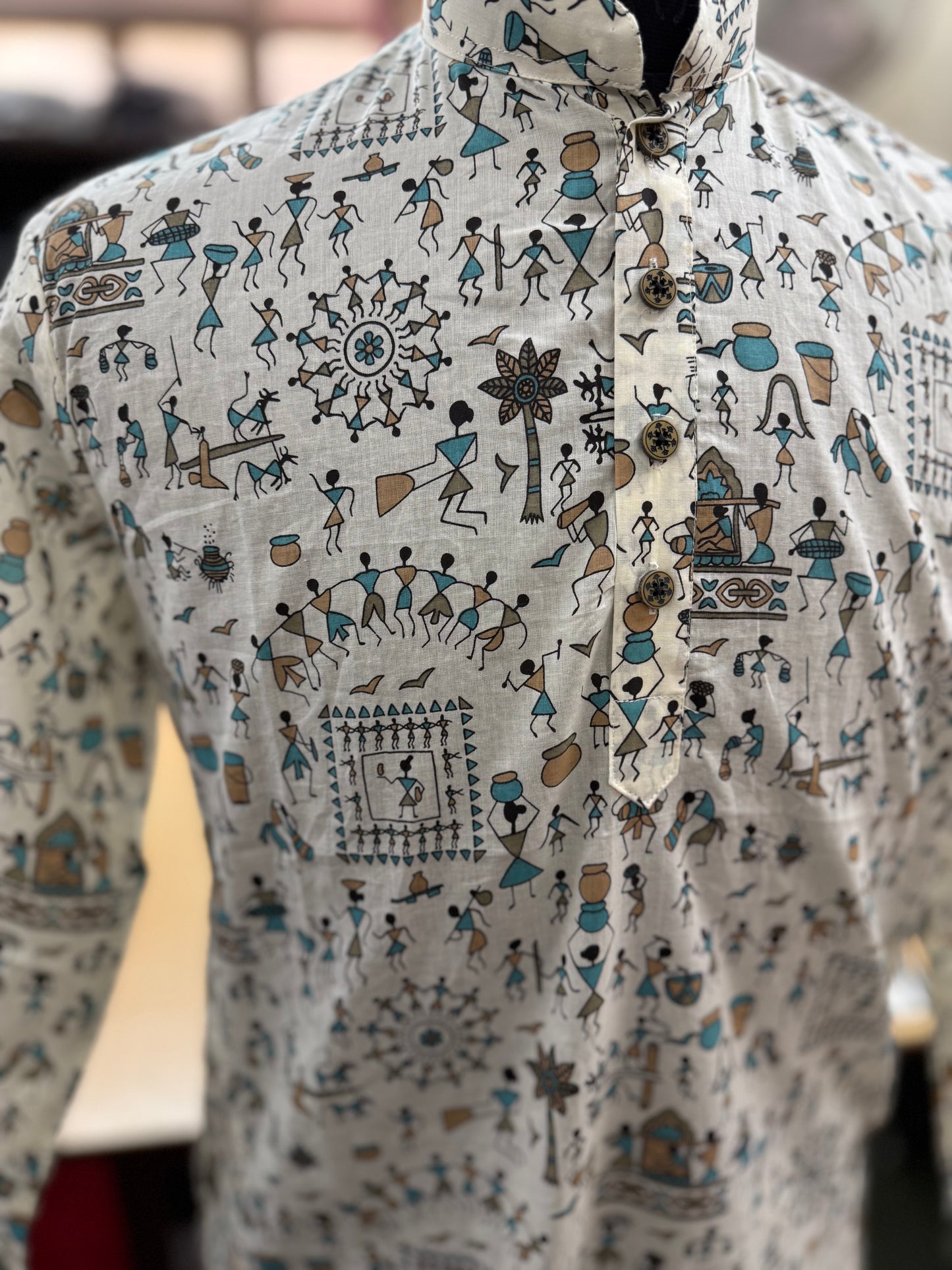 Ivory Warli Folk Art Printed Full Sleeves Long Kurta for Men