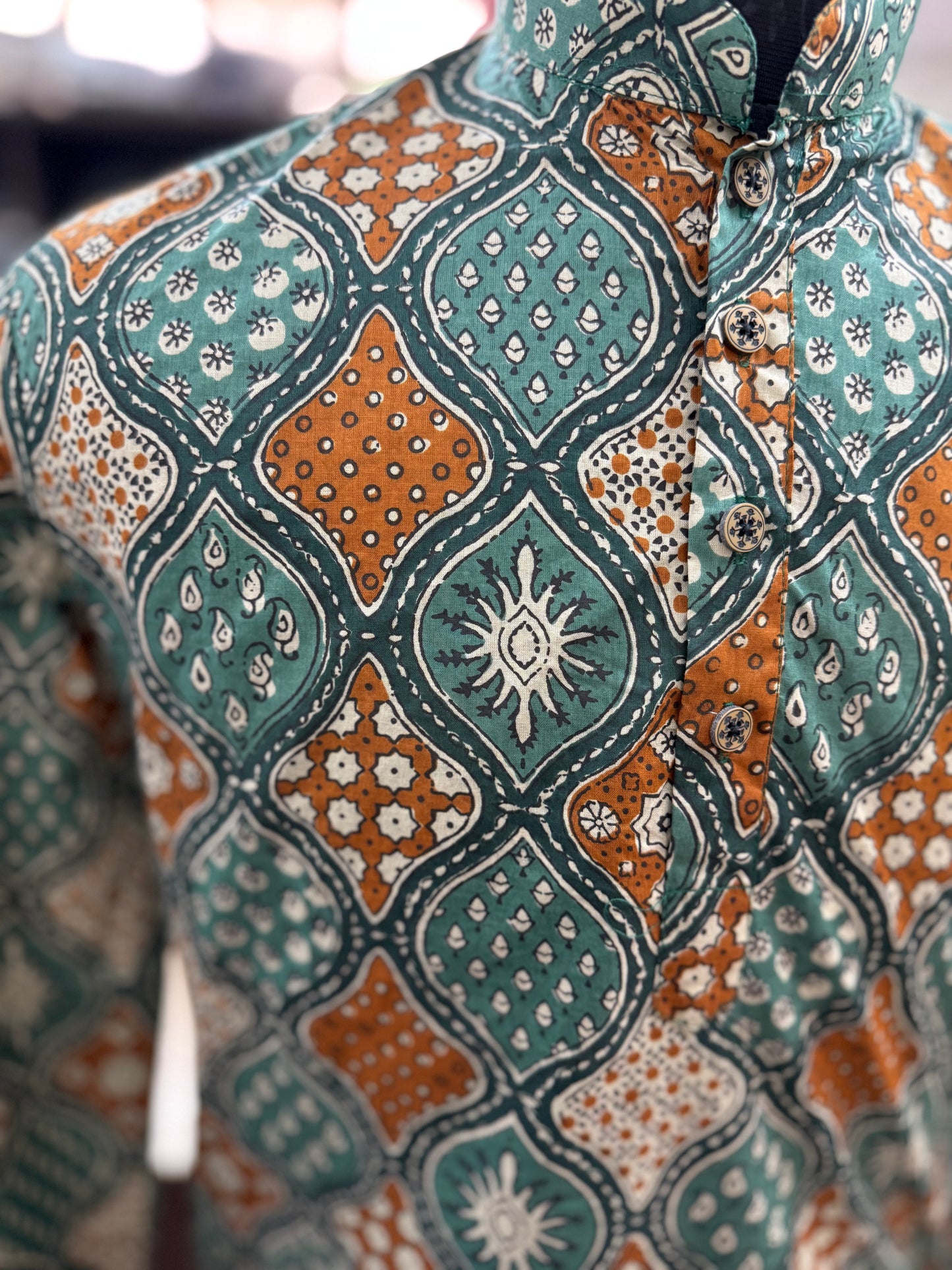 Green Mustard Tile Printed Full Sleeves Long Kurta for Men
