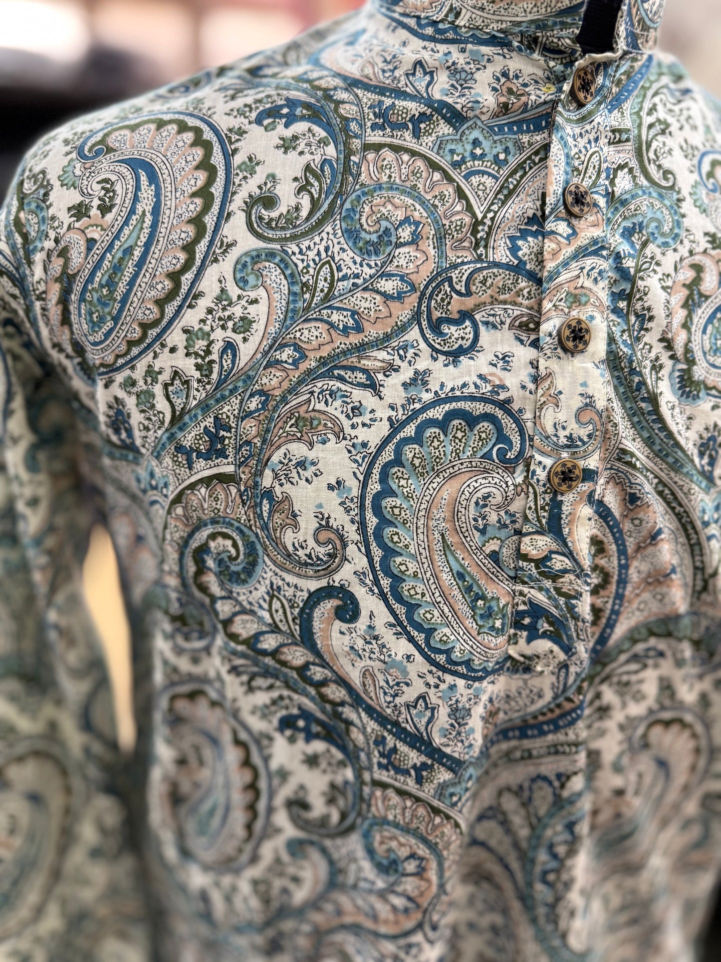 Ivory Teal Paisley Printed Full Sleeves Long Kurta for Men