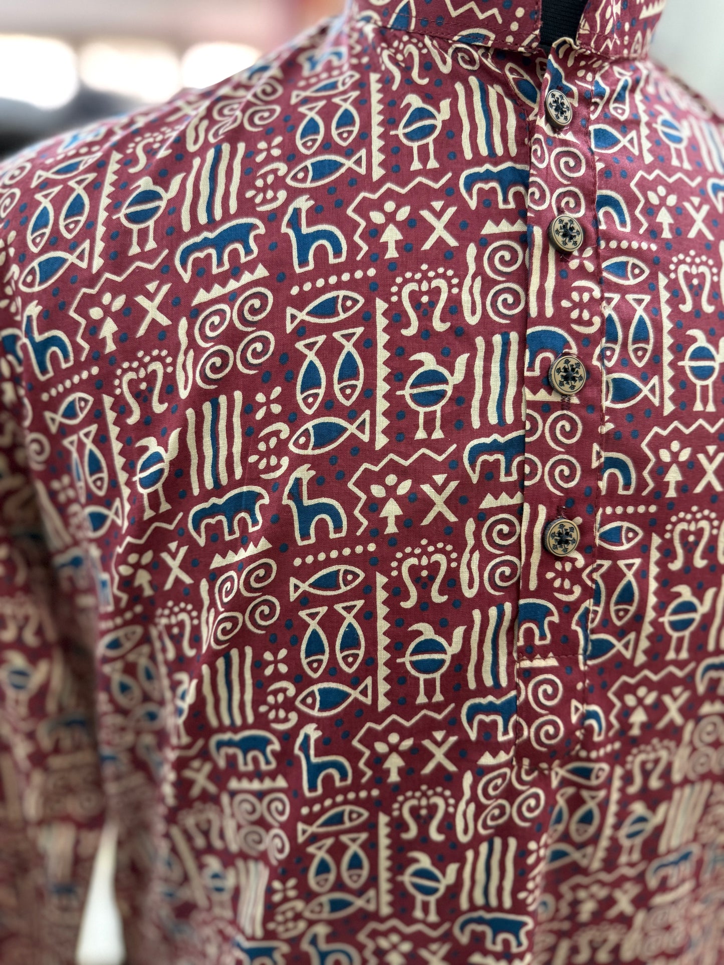 Red Tribal Motif Printed Full Sleeves Long Kurta for Men