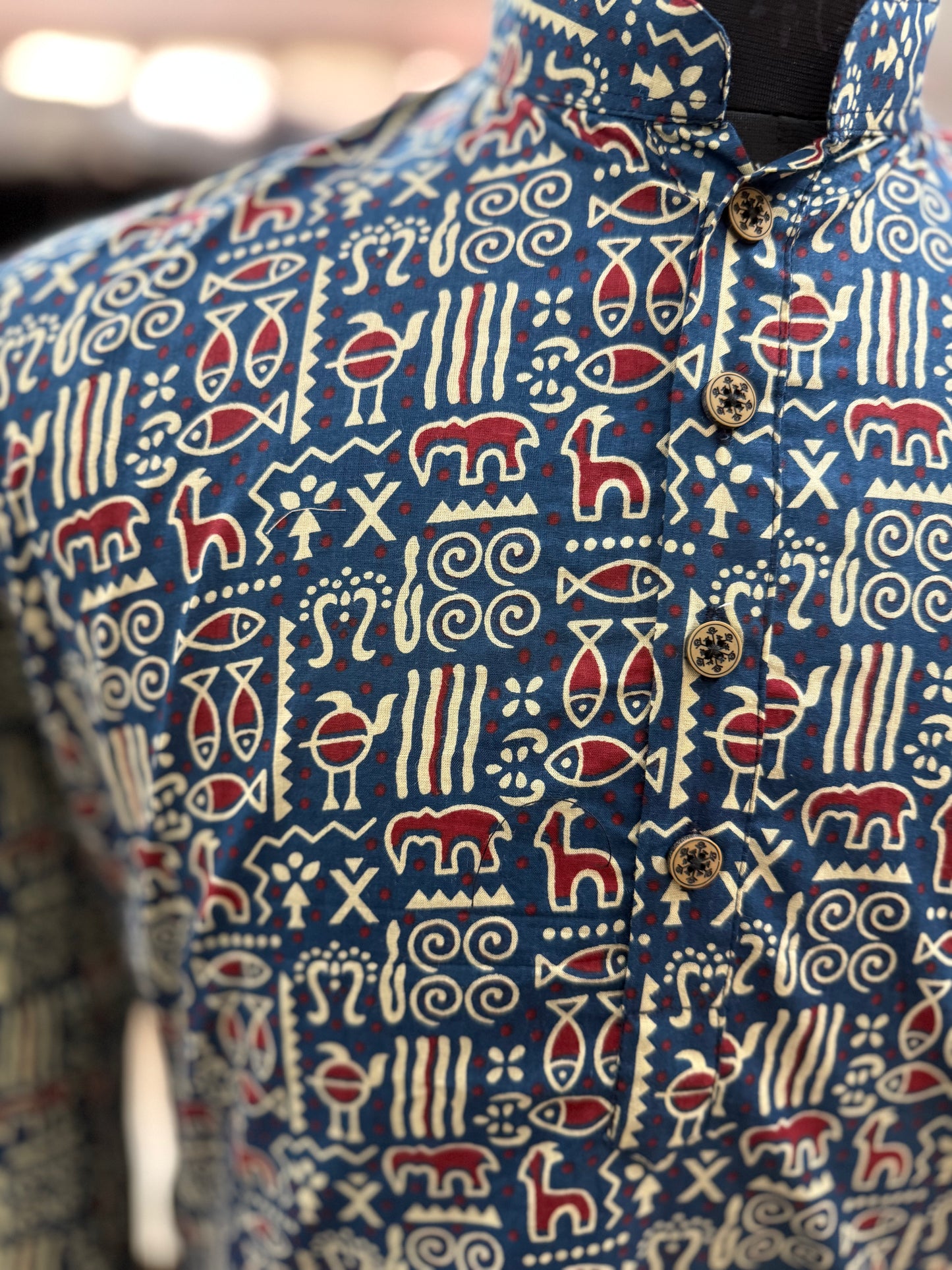 Blue Tribal Motif Printed Full Sleeves Long Kurta for Men