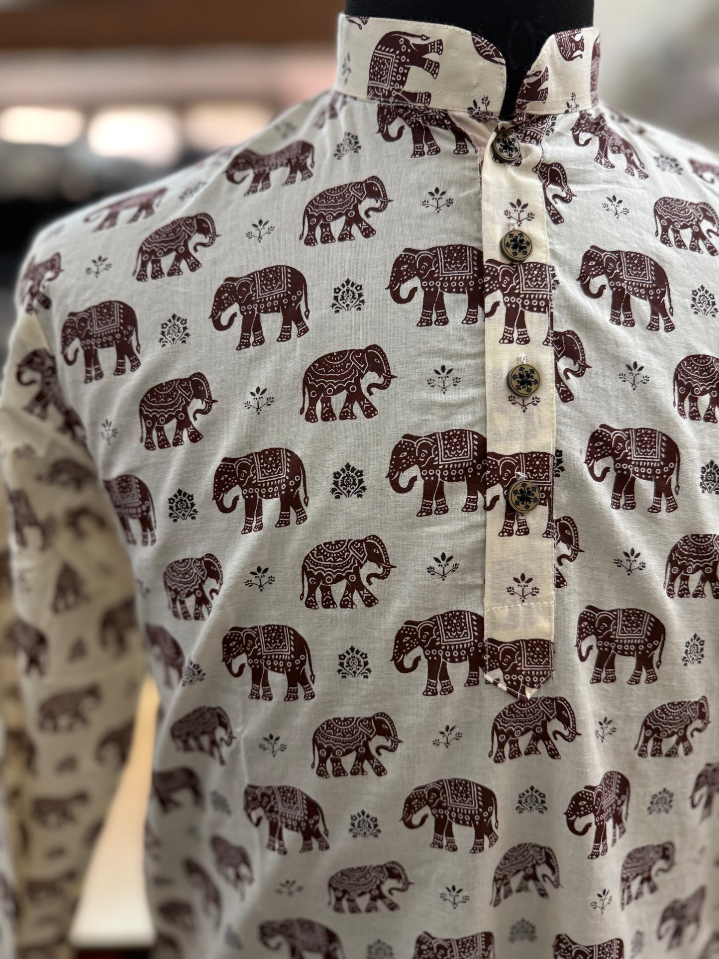 Ivory Maroon Elephant Printed Full Sleeves Long Kurta for Men