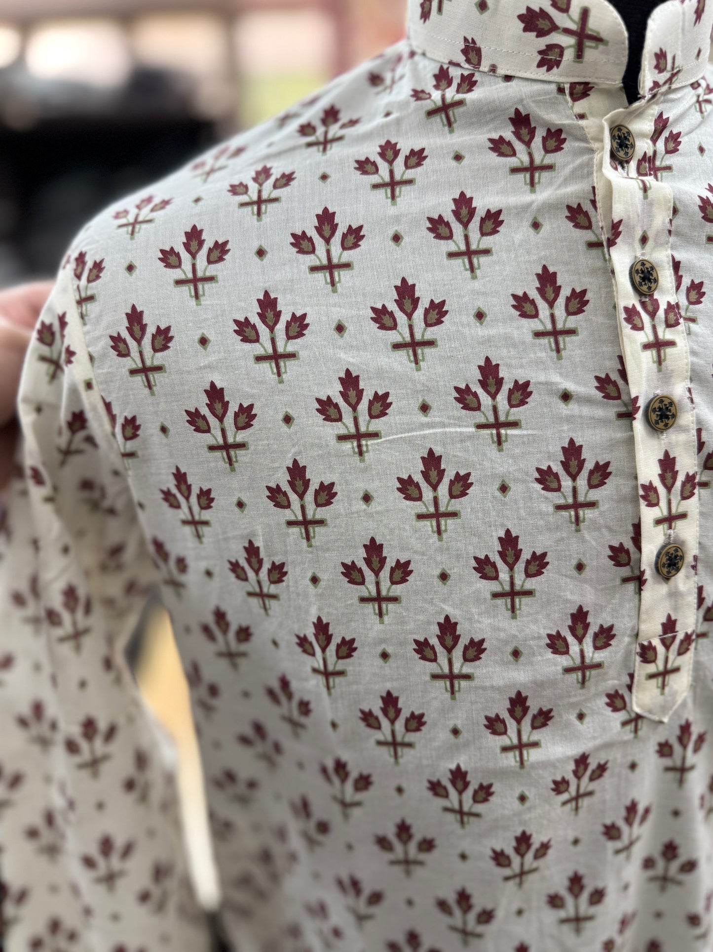 Ivory Maroon Mughal Boota Printed Full Sleeves Long Kurta for Men