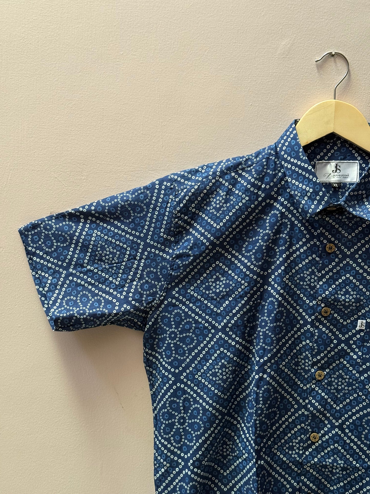 Blue Bandhani/Bandhej Printed Mens Half Sleeves Cotton Shirt