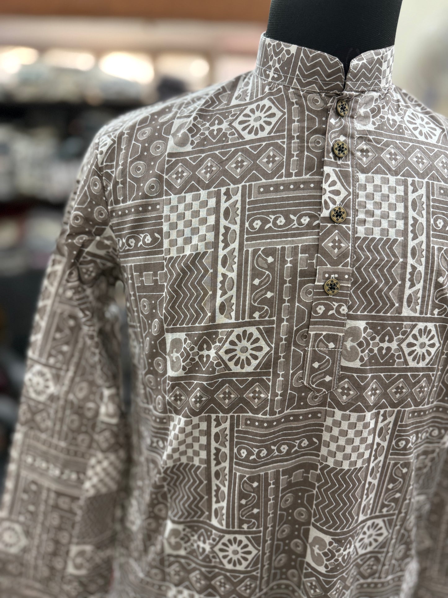 Desert Sand Geometric Jaal Printed Full Sleeves Long Kurta for Men
