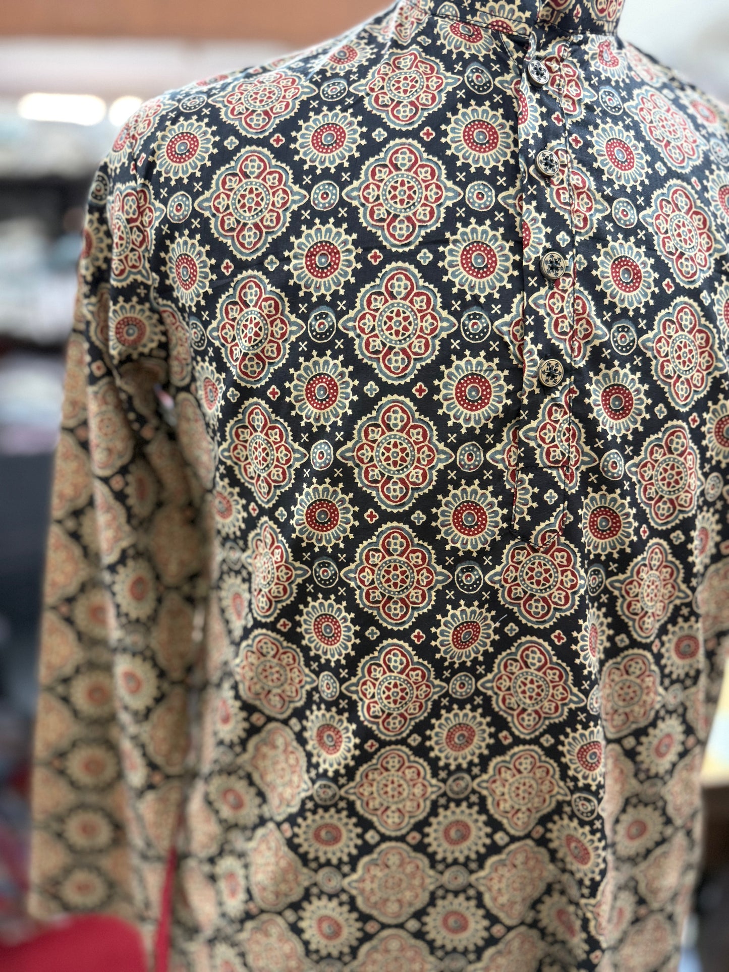 Black Meena Jaal Printed Full Sleeves Long Kurta for Men