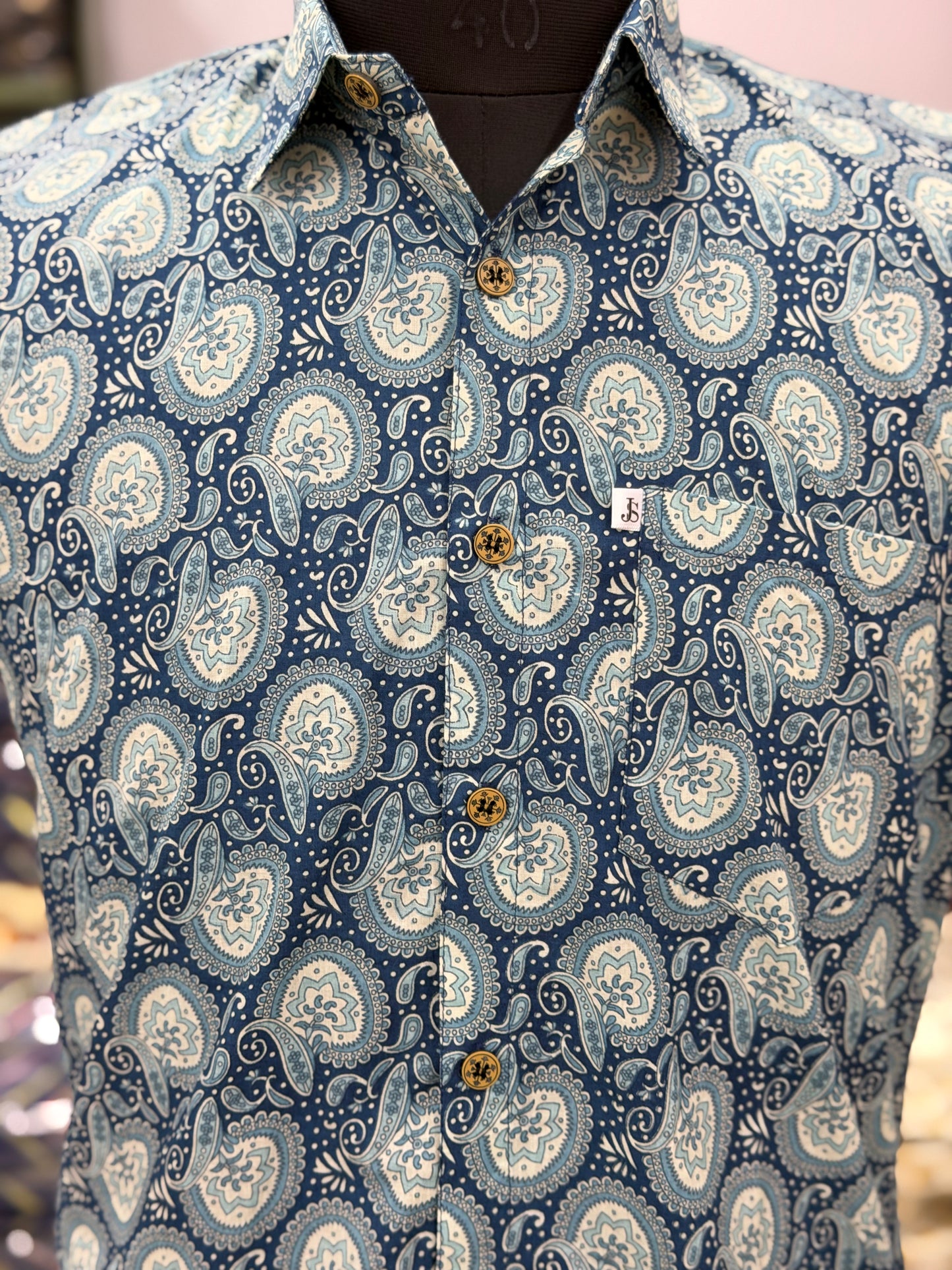 Blue Paisley Floral Printed Plus Size Half Sleeves Cotton Shirt For Men