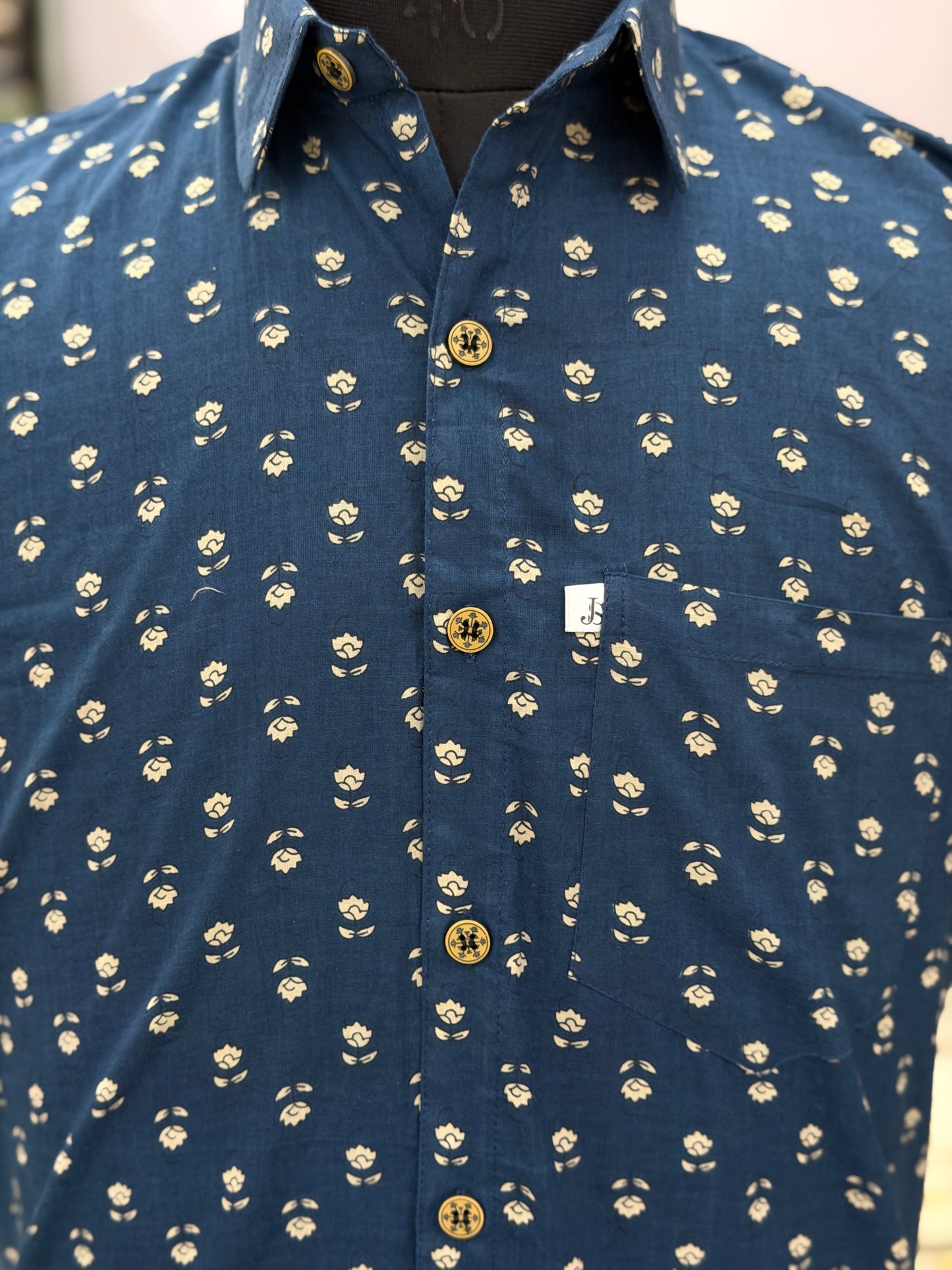 Plus Size Dark Blue Booti Printed Mens Half Sleeves Shirt