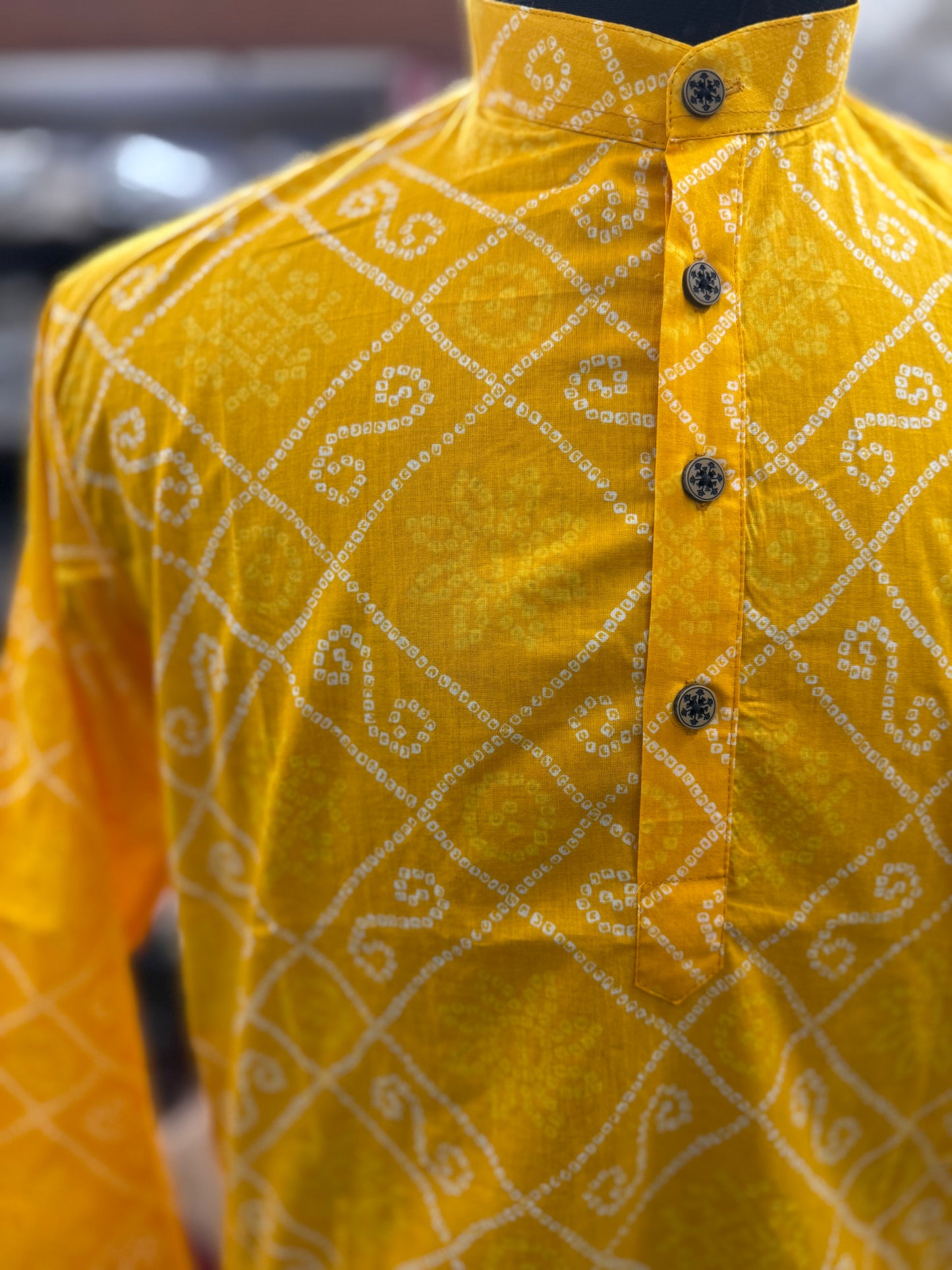 Yellow Bandhani Diamond Printed Full Sleeves Long Kurta for Men