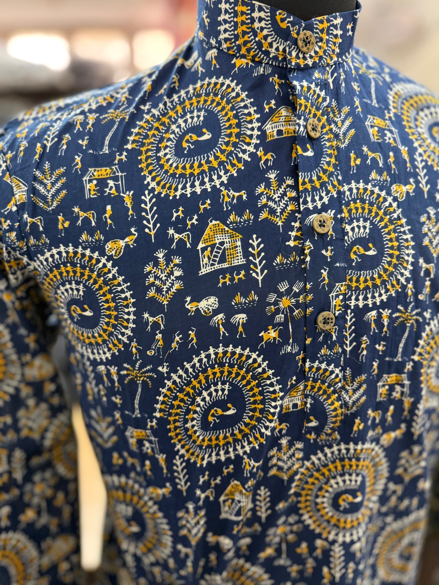 Blue Tribal Spiral Printed Full Sleeves Long Kurta for Men