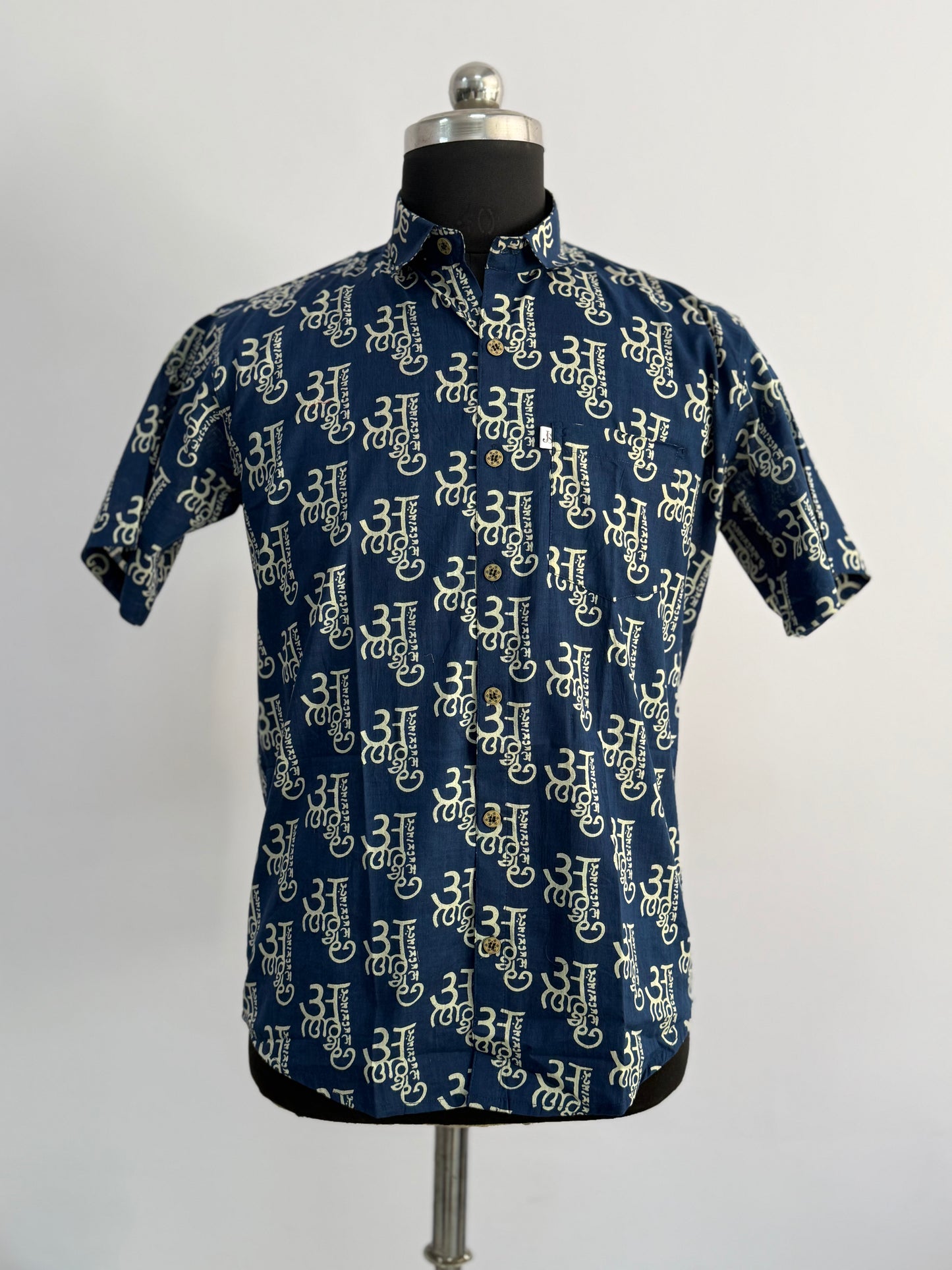 Navy Devanagari Alphabet Printed Half Sleeves Cotton Shirt for Men