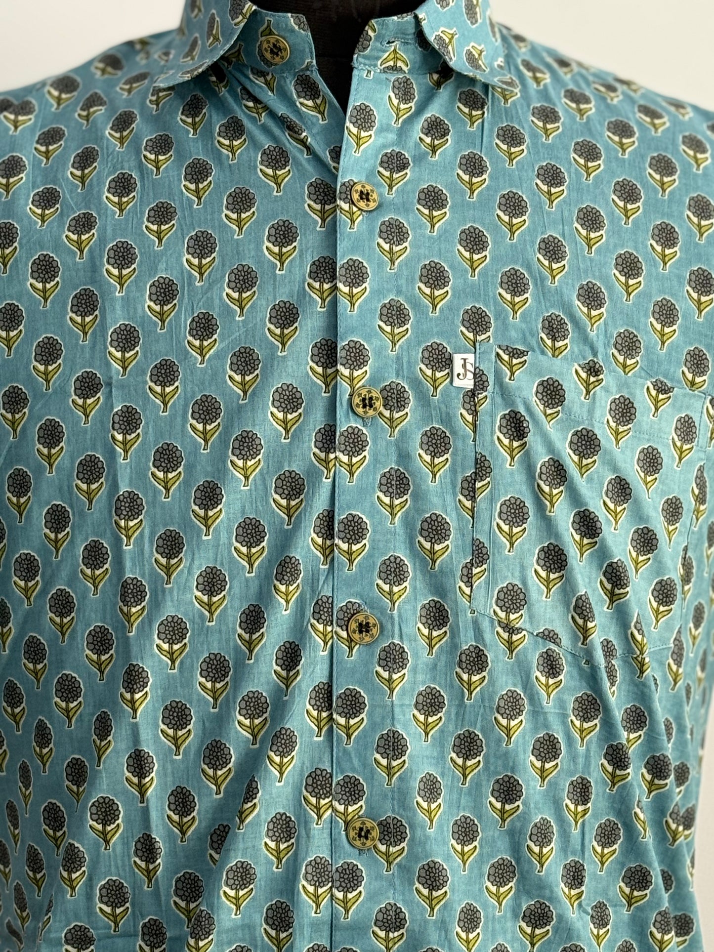 Sky Blue Booti Printed Half Sleeves Cotton Shirt for Men