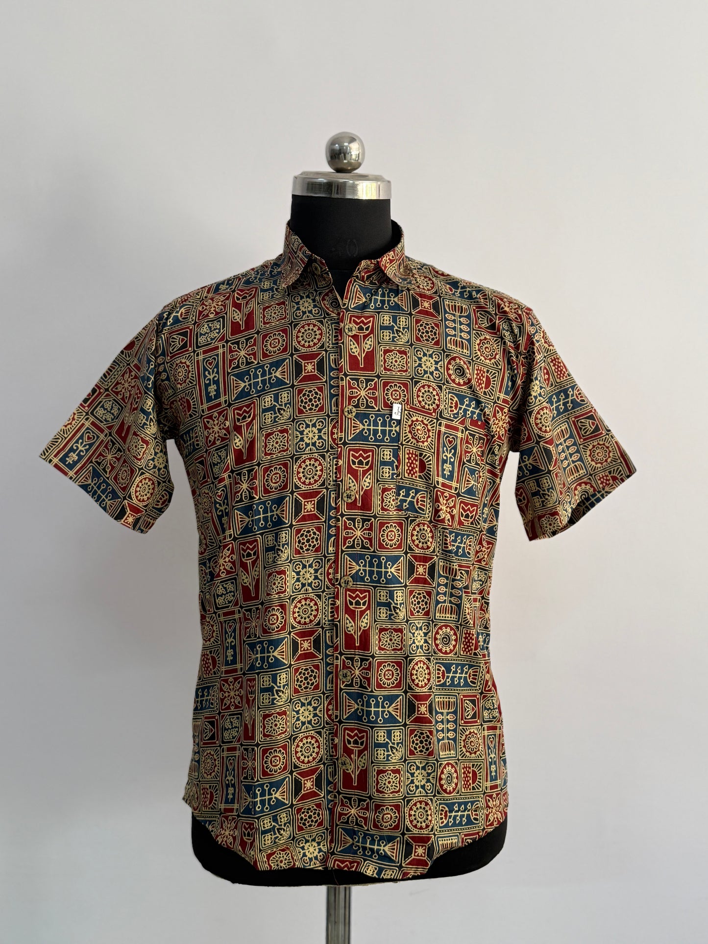 Maroon Navy Heritage Motif Printed Half Sleeves Cotton Shirt for Men