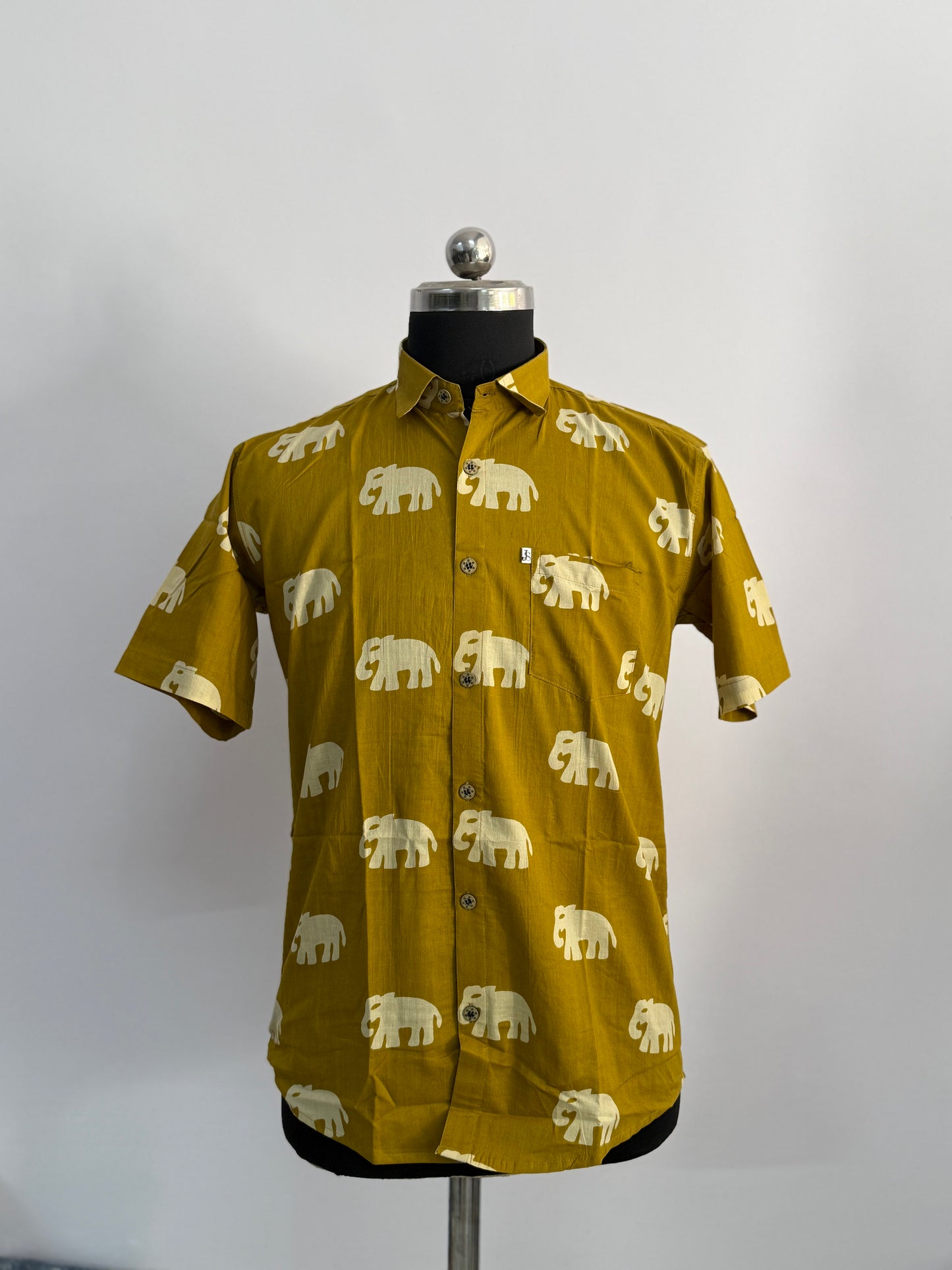 Plus Size Mustard Elephant Printed Half Sleeves Cotton Shirt for Men