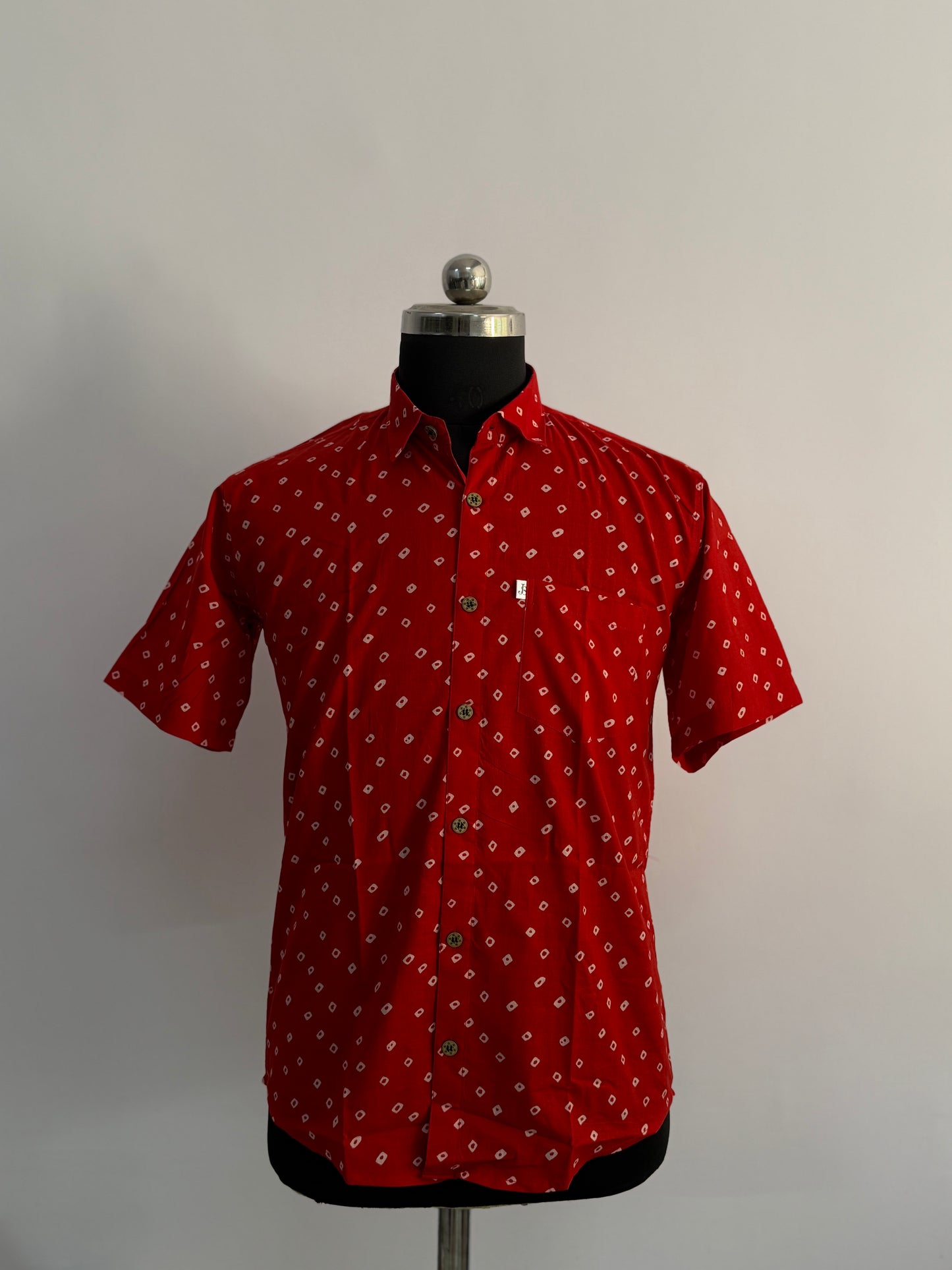 Red Bandhej Dot Printed Half Sleeves Cotton Shirt for Men