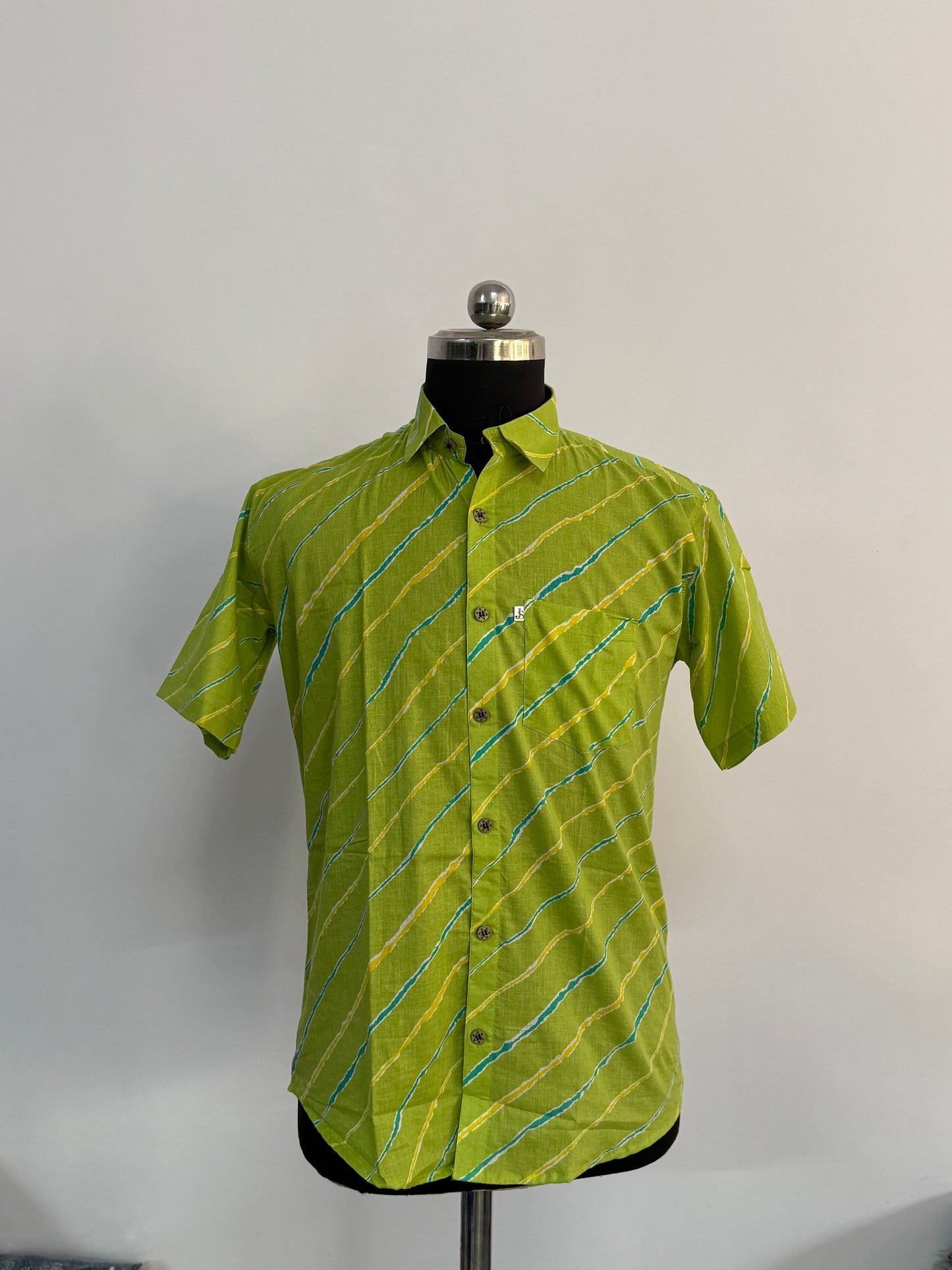 Lime Green Leheriya Print Half Sleeve Cotton Shirt for Men