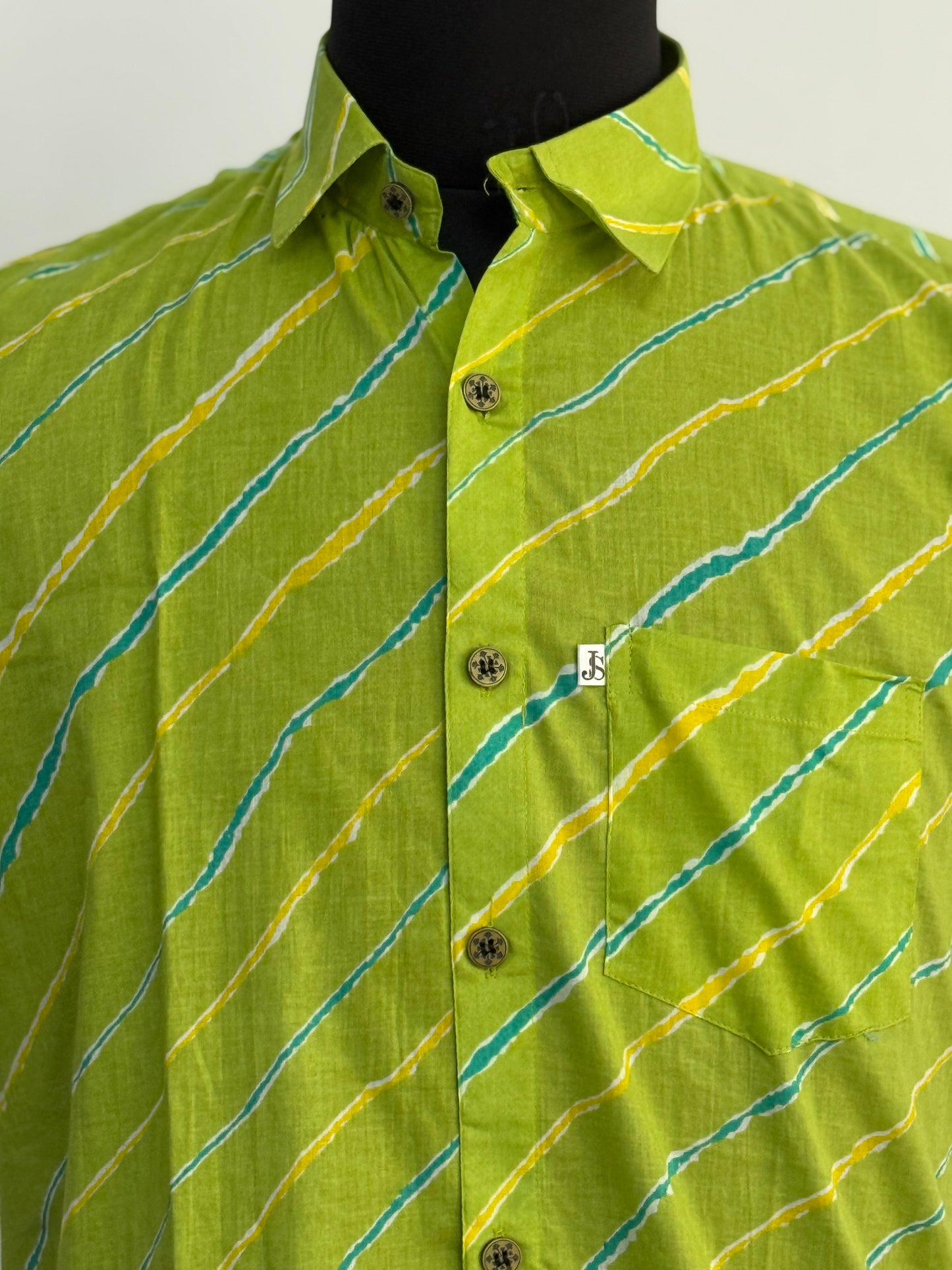 Lime Green Leheriya Striped Full Sleeves Cotton Shirt for Men