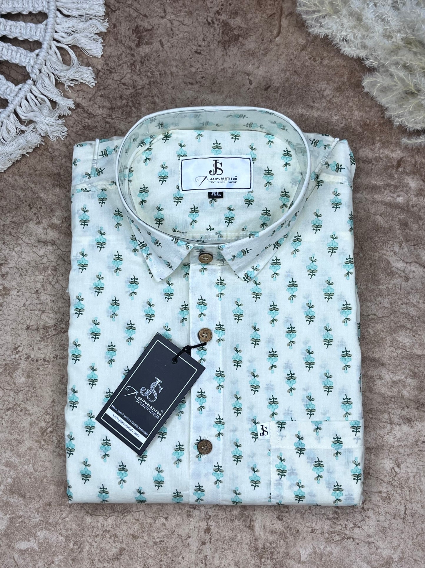 White And Green Booti/mofit Printed full sleeves shirts for mens