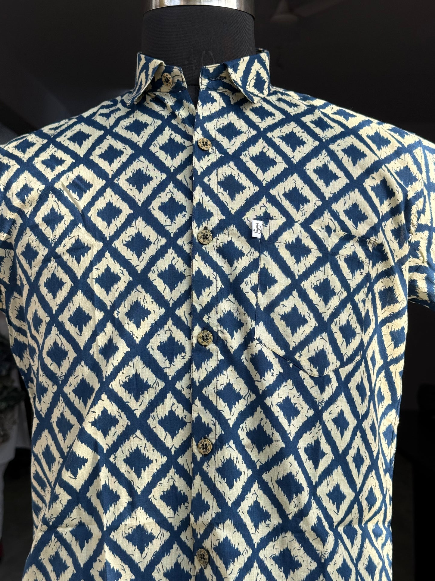 Navy Blue Beige Barfi Printed Plus Size Half Sleeves Cotton Shirt