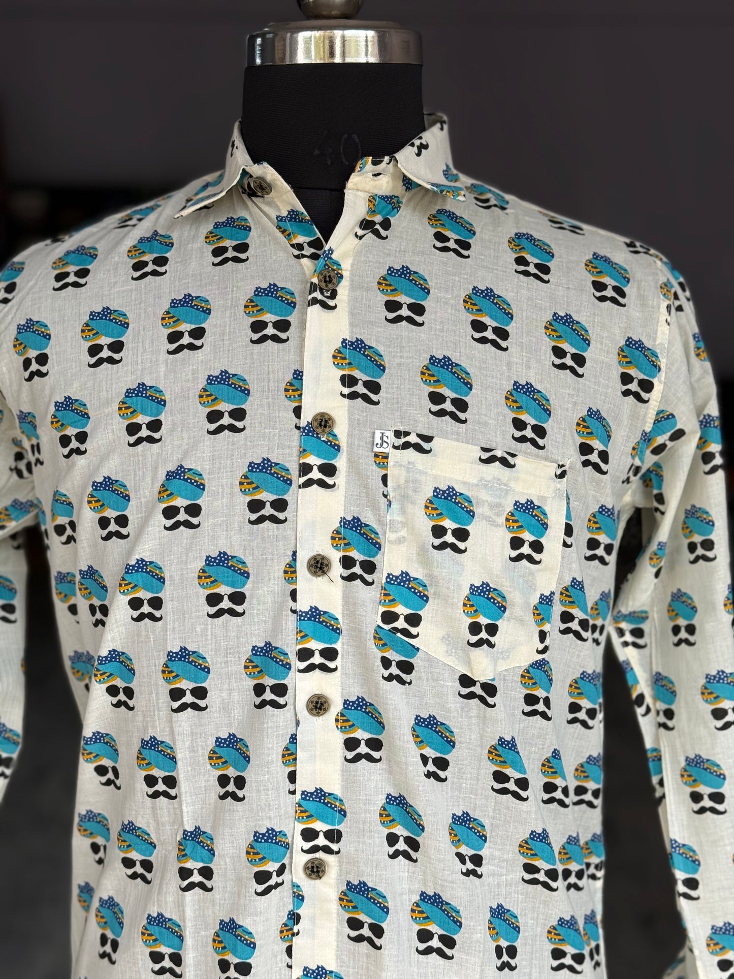Blue Multicolor Rajasthani Turban Print Full Sleeves Cotton Shirt
