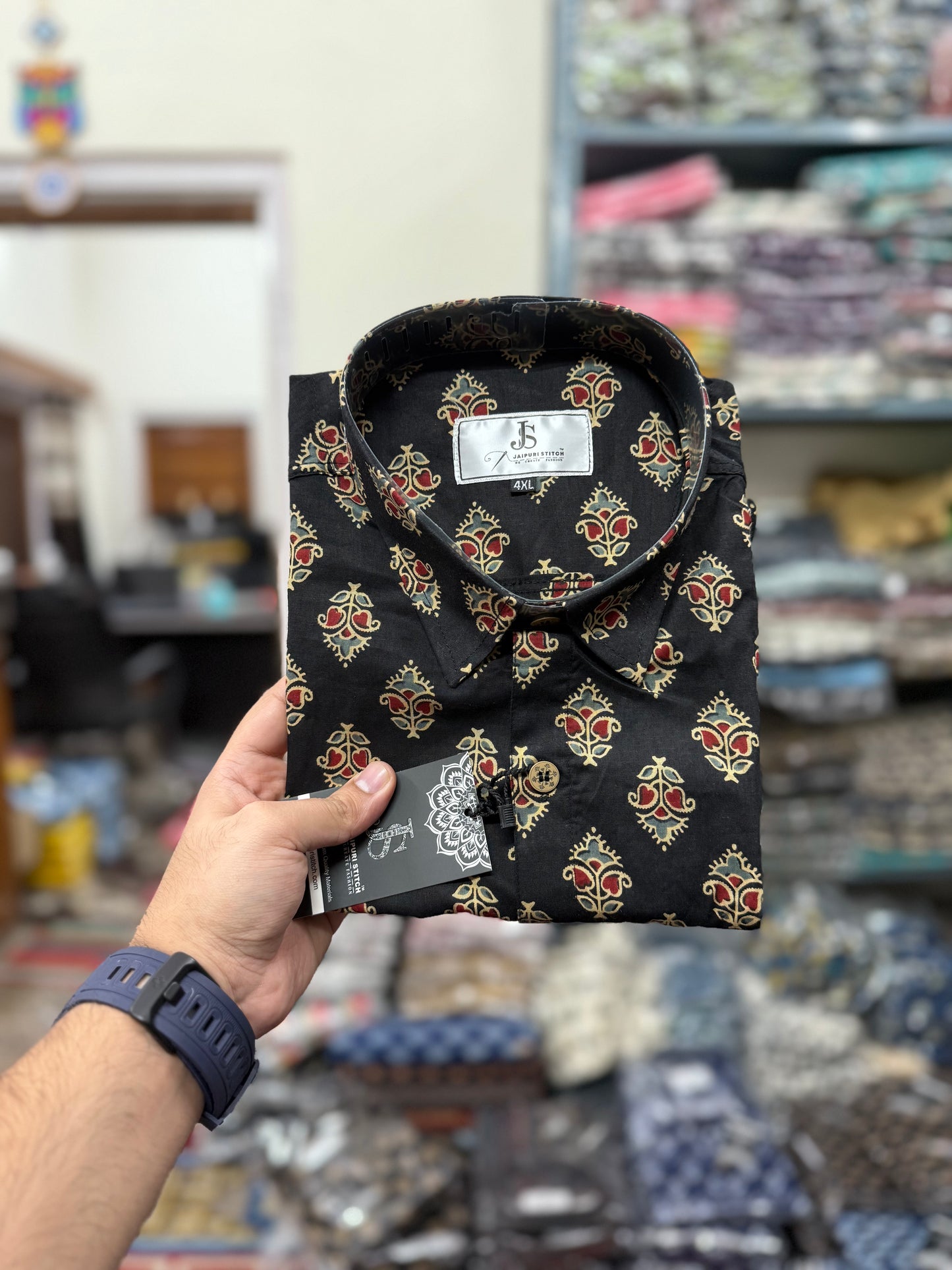Black Mughal block printed Plus Size Mens Half Sleeves Cotton Shirt