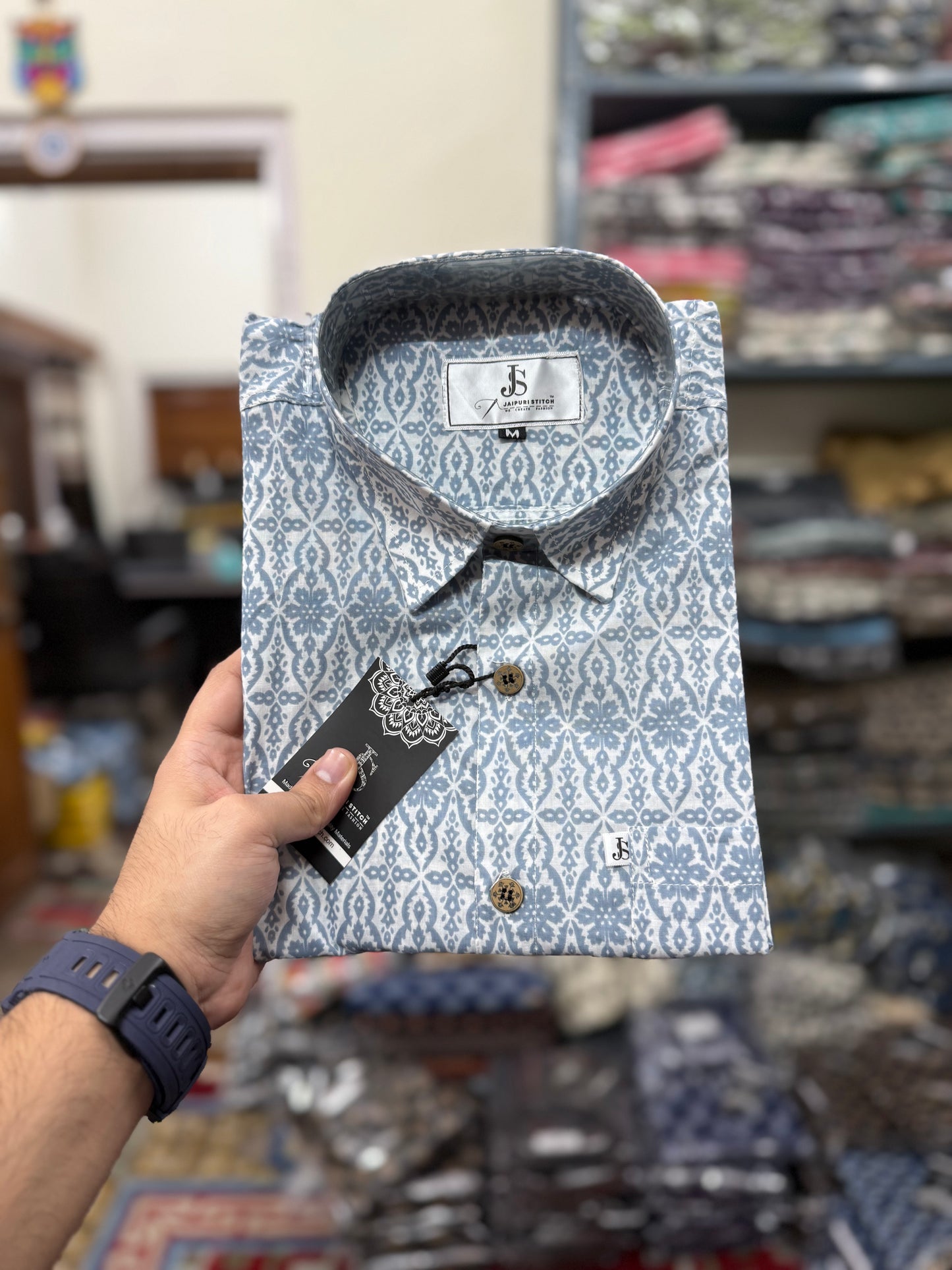 Grey Ikat Print Plus Size Mens Half Sleeves Cotton Shirt