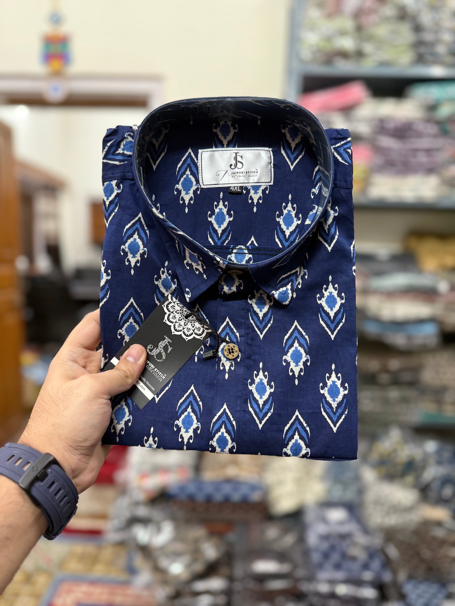 Navy Blue Floral Boota Plus Size Mens Half Sleeves Cotton Shirt