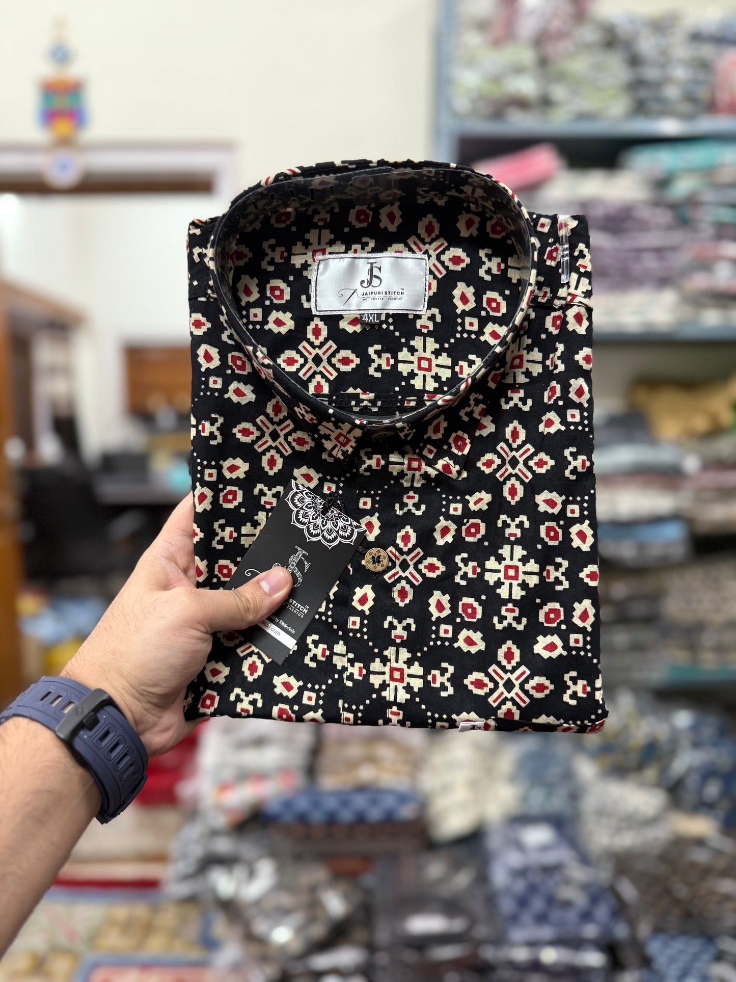 Black Geometric Jaal Plus Size Mens Half Sleeves Cotton Shirt