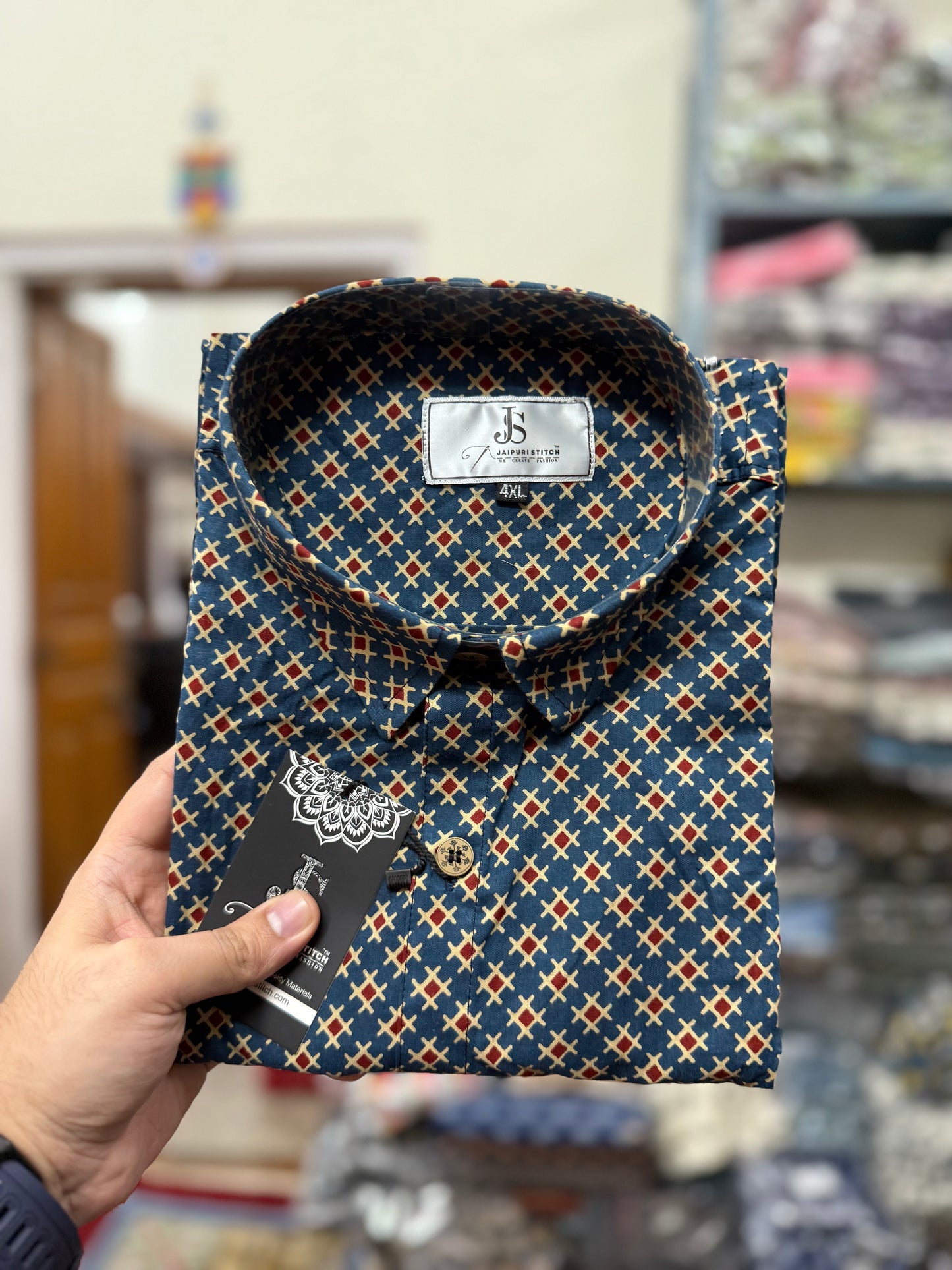 Blue small square Plus Size Mens Half Sleeves Cotton Shirt