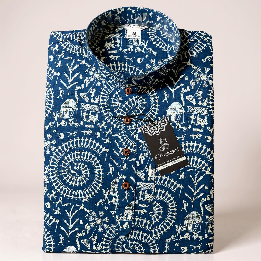 Navy Blue Warli Print Full Sleeves Short Kurta for Men