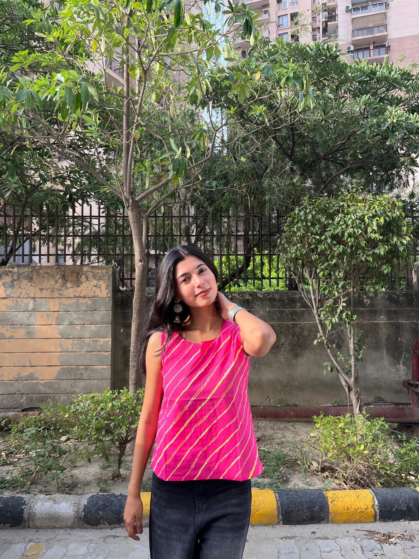 Pink Leheriya Printed Cotton Sleeveless Top for Women