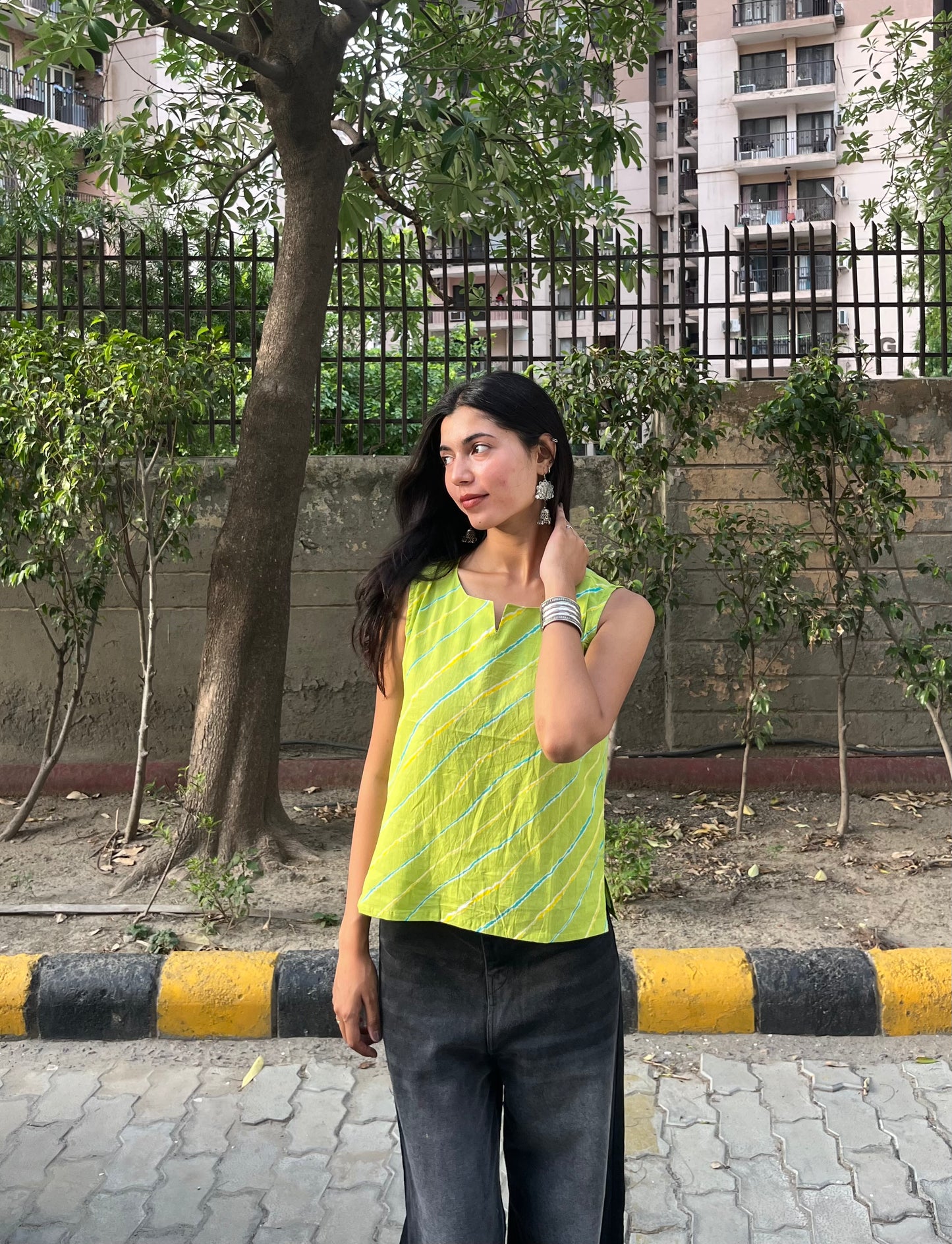 Lime Green Leheriya Printed Cotton Sleeveless Top for Women