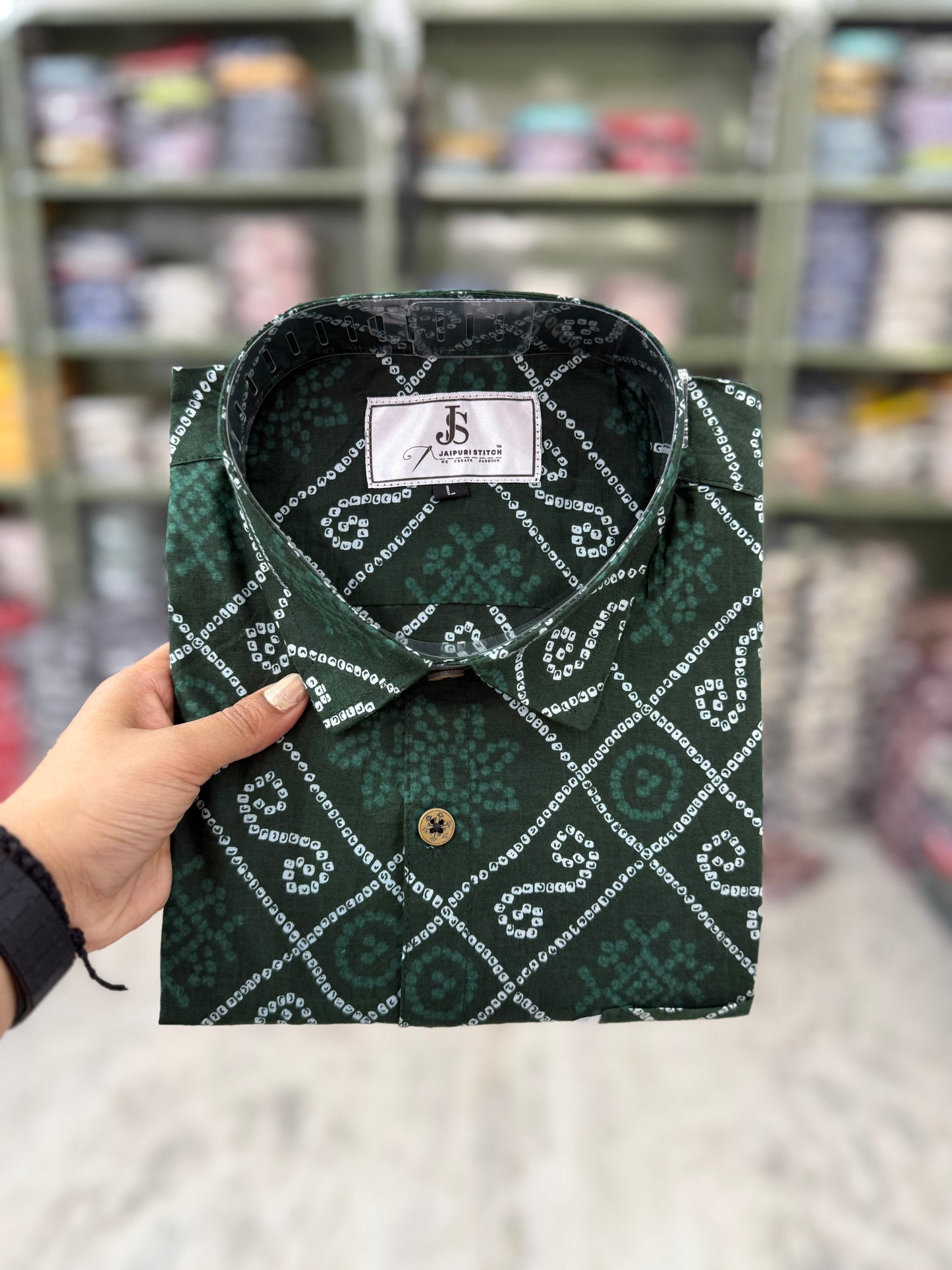 New Green Bandhani/Bandhej Printed Mens Half Sleeves Cotton Shirt