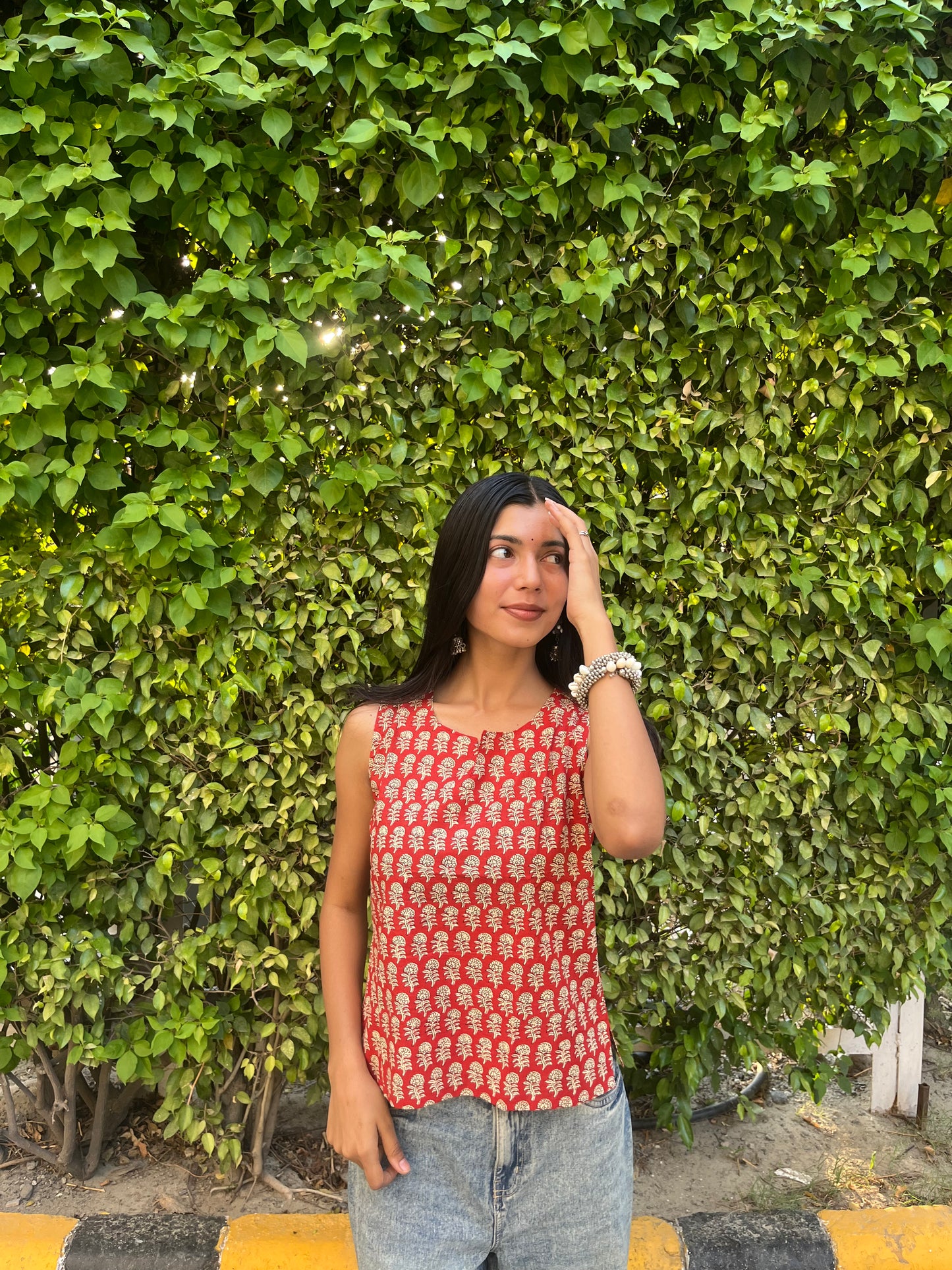 Red Floral Buti Printed Cotton Sleeveless Top for Women