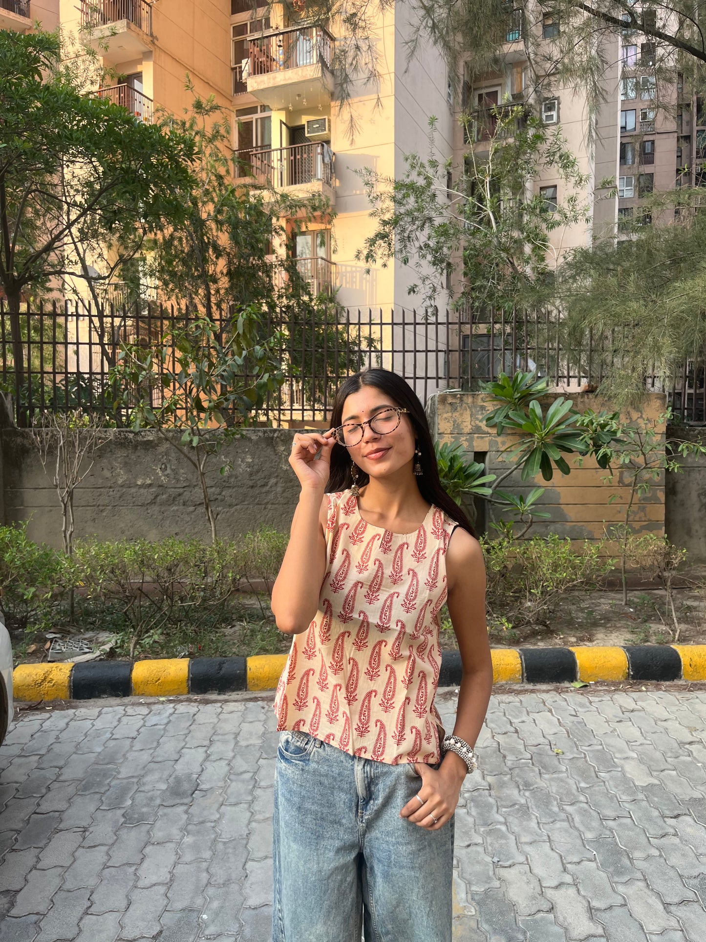 Blush Pink Paisley Printed Cotton Sleeveless Top for Women