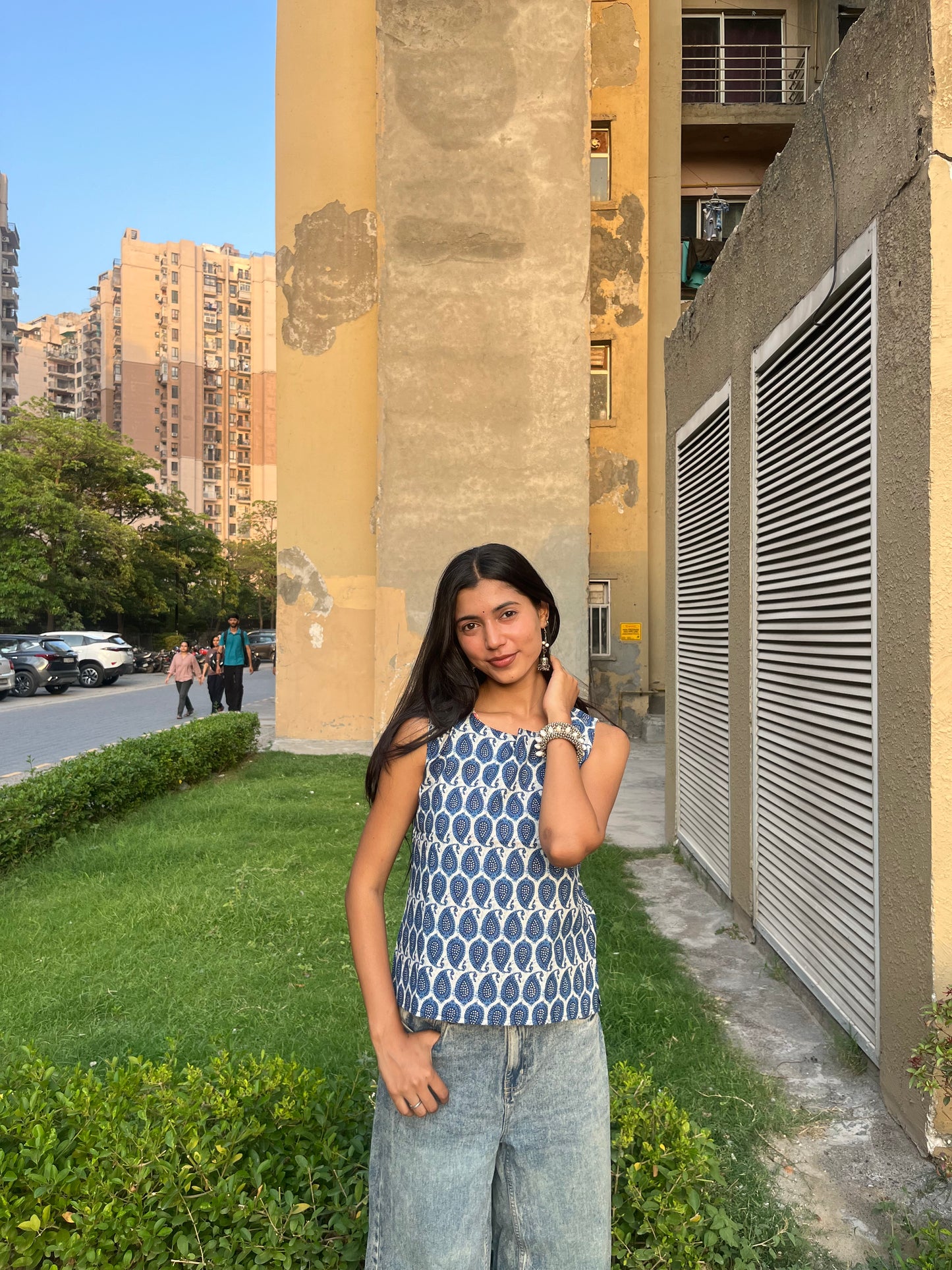 Indigo Paisley Printed Cotton Sleeveless Top for Women