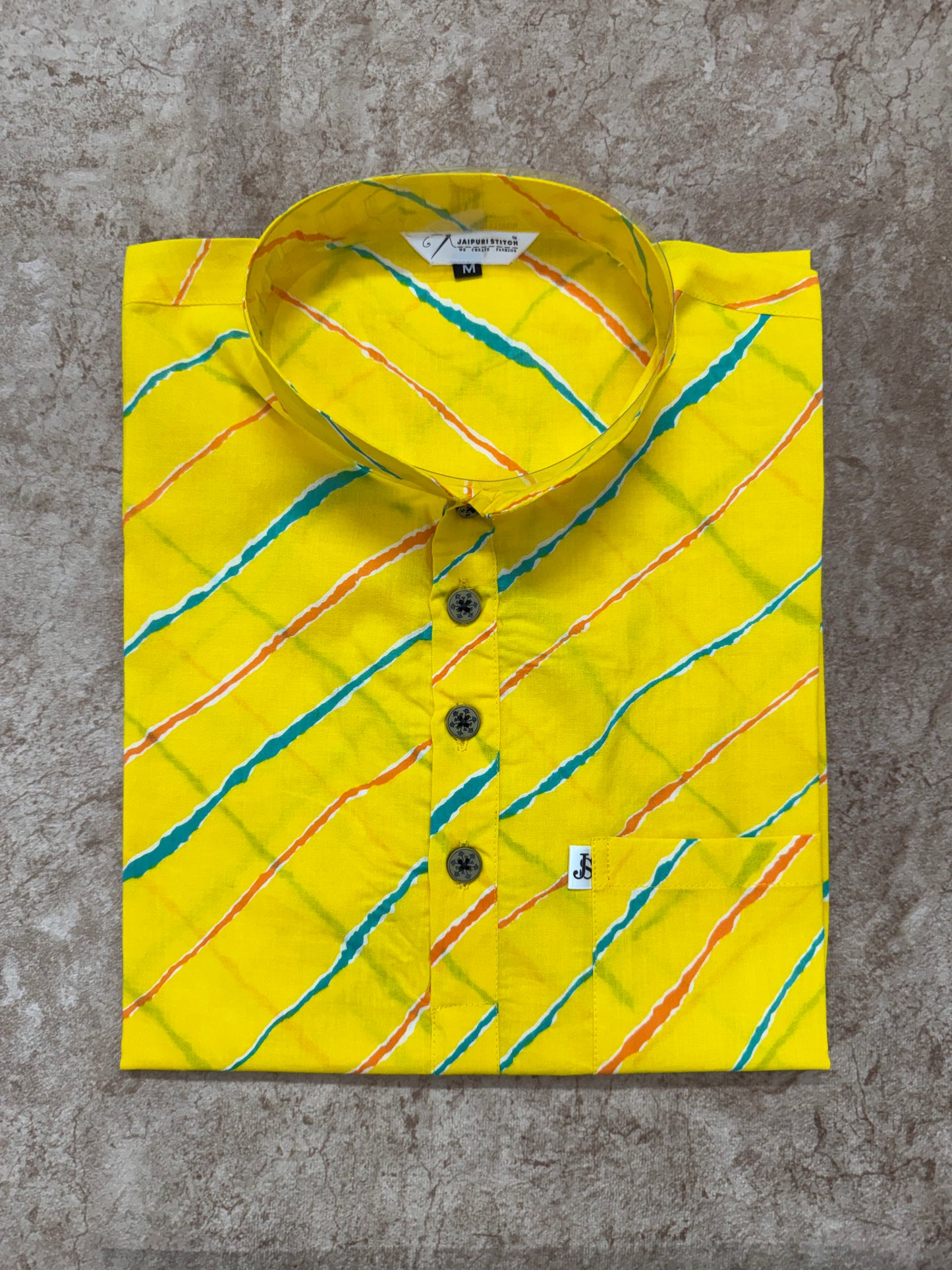 Yellow Leheriya Stripe Printed Full Sleeves Short Kurta for Men