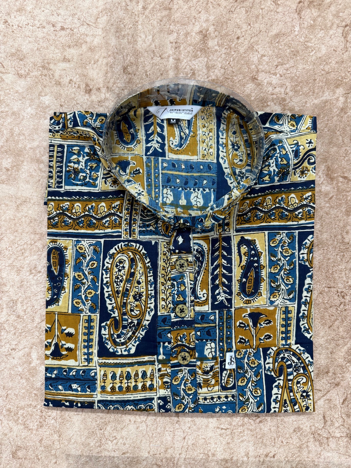 Indigo Mughal Patch Printed Full Sleeves Short Kurta for Men