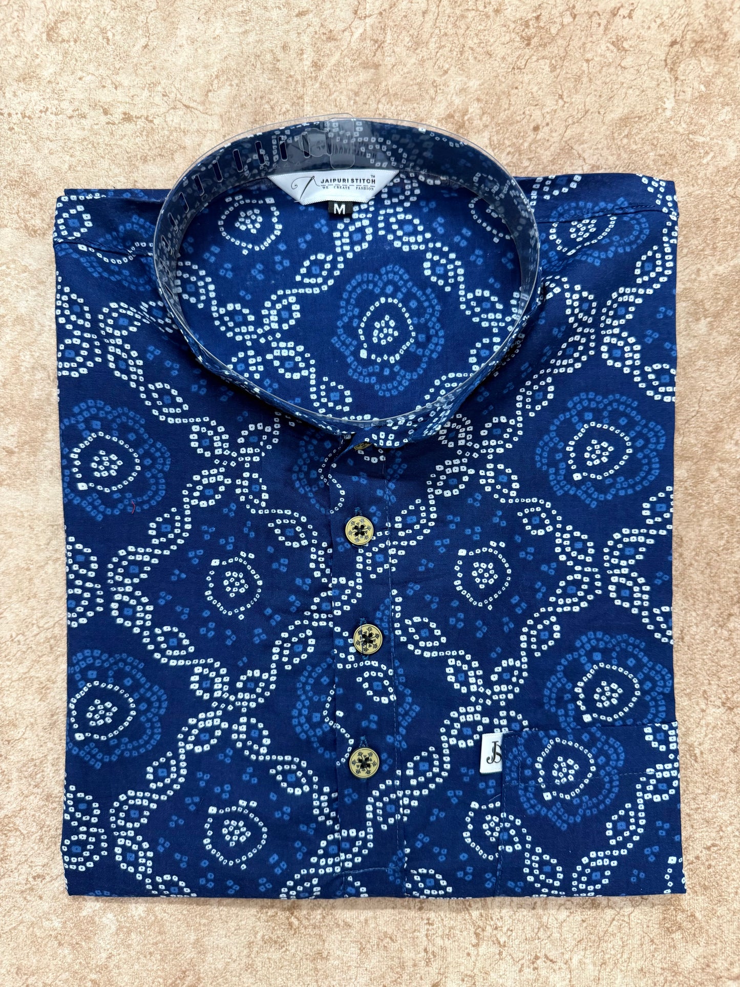 Indigo Bandhej Jaal Printed Full Sleeves short Kurta for Men