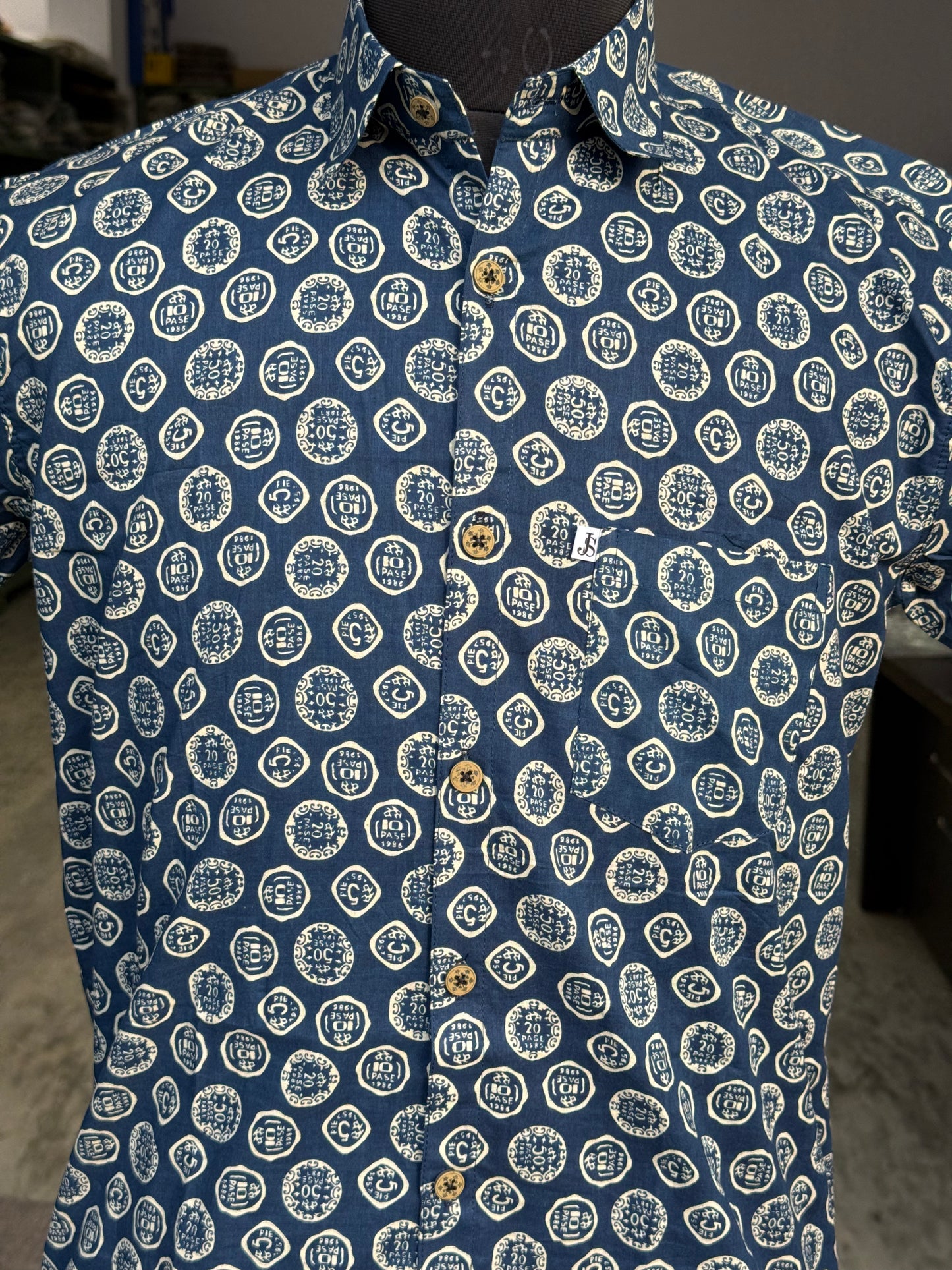 Steel Blue Coin Motif Printed Mens Half Sleeves Cotton Shirt